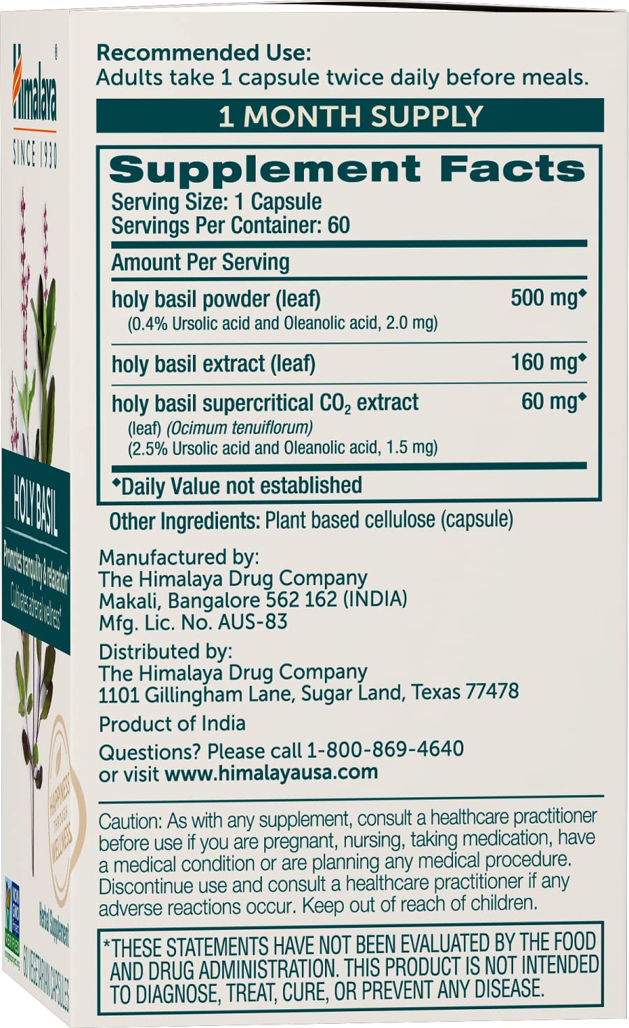 Foto 3 pulgar | Suplemento Himalaya Holy Basil Tulsi 720 Mg 60 Cápsulas - Venta Internacional.