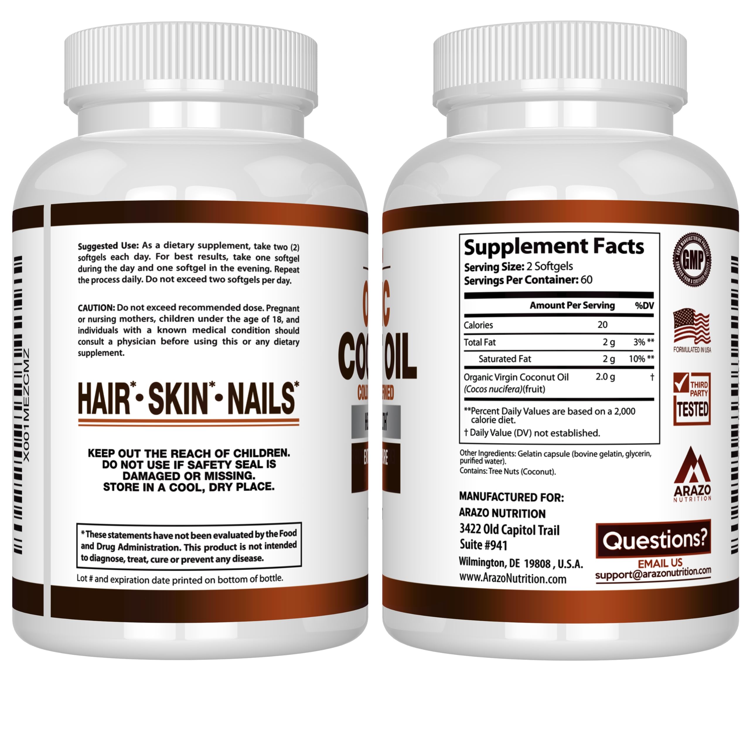 Foto 4 pulgar | Suplemento De Aceite De Coco Orgánico Arazo Nutrition  2000 Mg  120 Cápsulas De Gelatina Blanda - Venta Internacional.
