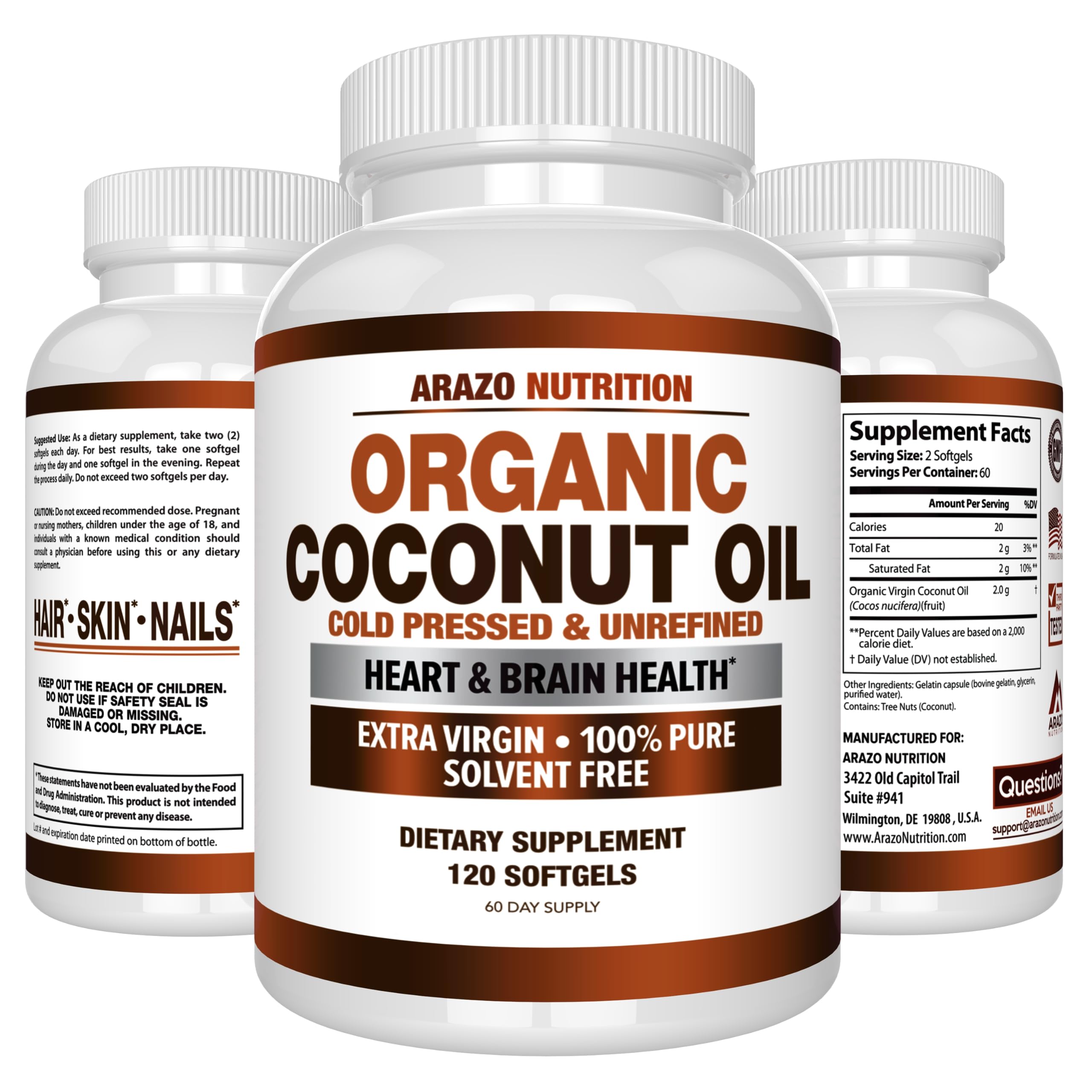 Foto 7 | Suplemento De Aceite De Coco Orgánico Arazo Nutrition  2000 Mg  120 Cápsulas De Gelatina Blanda - Venta Internacional.