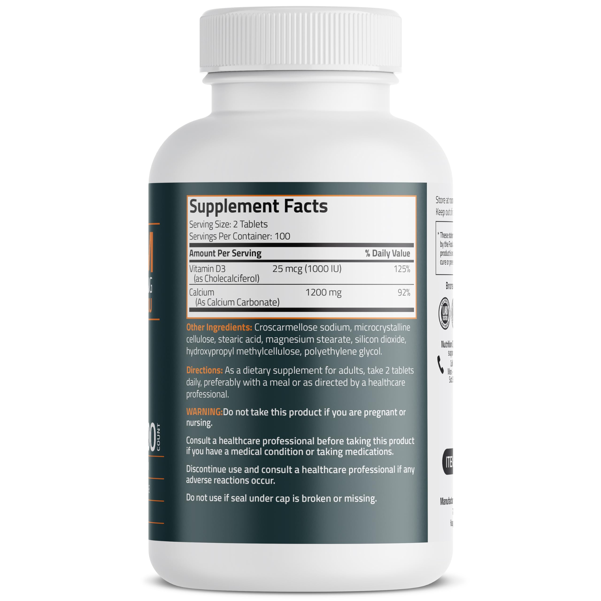 Foto 2 | Suplemento Bronson Calcium 1200 Mg Con Vitamina D3 1000 Ui 200 Tabletas - Venta Internacional.