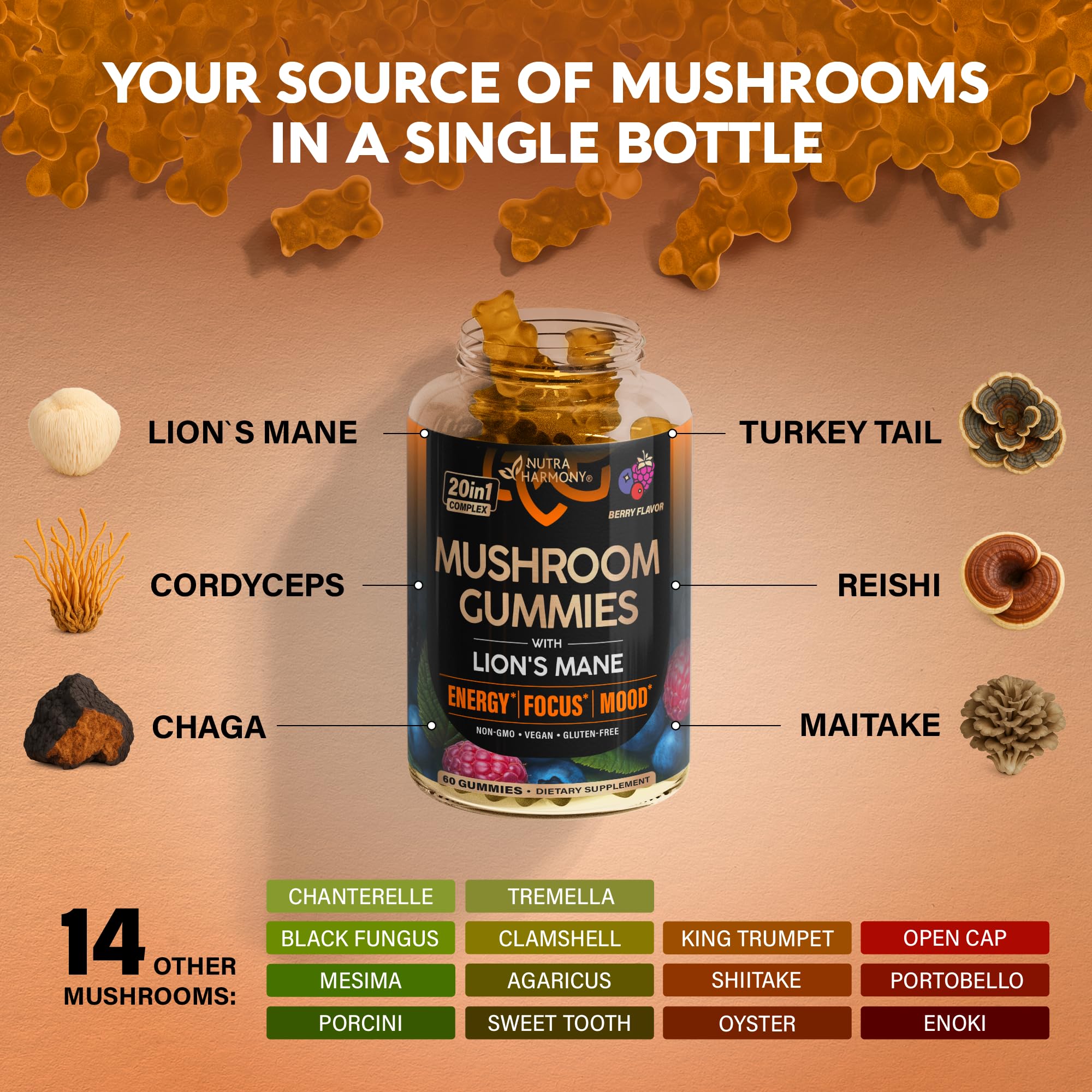 Foto 4 pulgar | Suplemento Nutraharmony Mushroom Gummies 1050 Mg 60 Unidades - Venta Internacional.