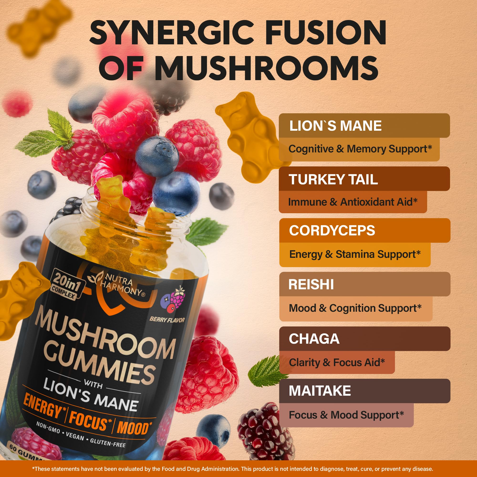 Foto 6 pulgar | Suplemento Nutraharmony Mushroom Gummies 1050 Mg 60 Unidades - Venta Internacional.
