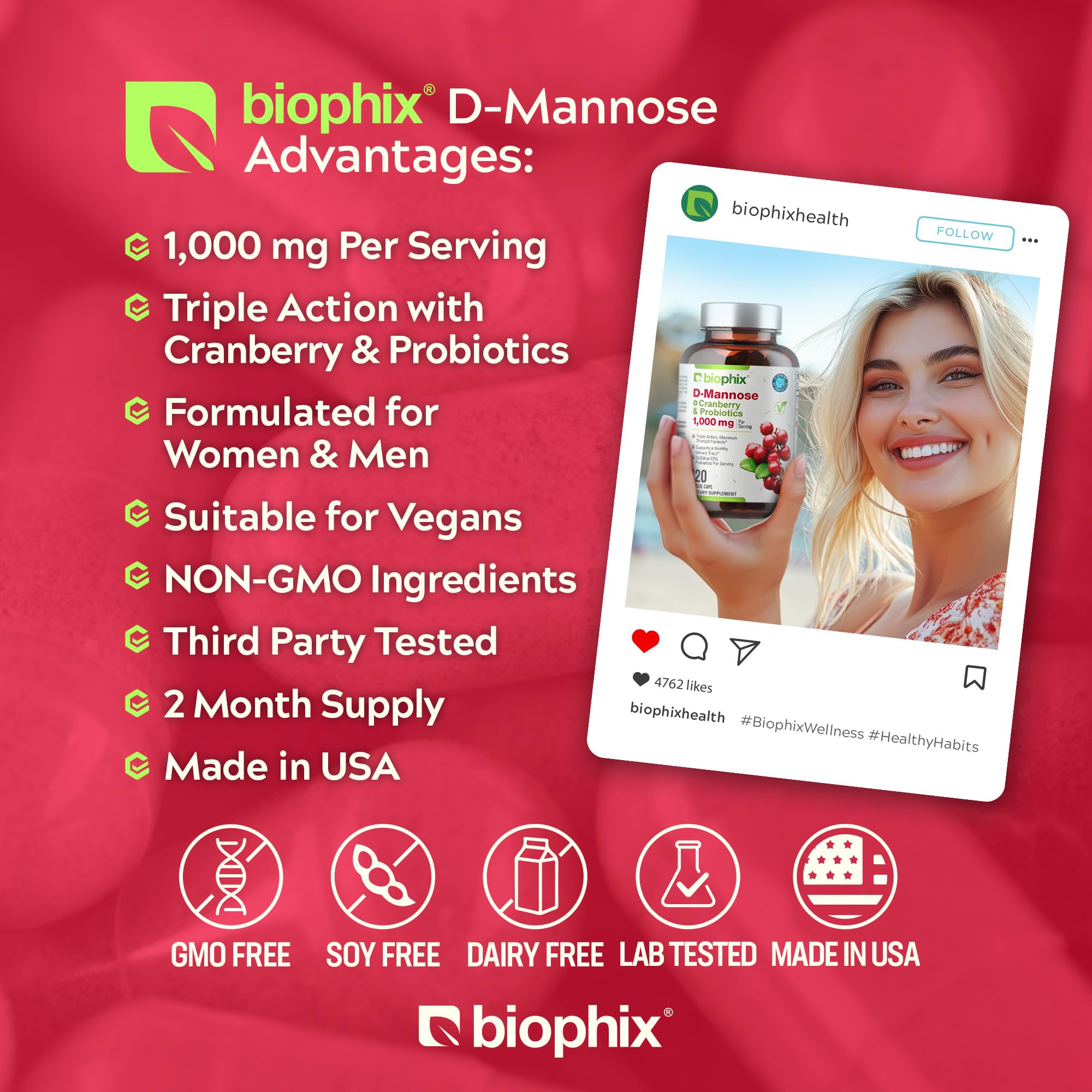 Foto 4 pulgar | Suplemento Biophix De D-manosa En Cápsulas De 1000 Mg Con Arándano Y Probióticos - Venta Internacional.