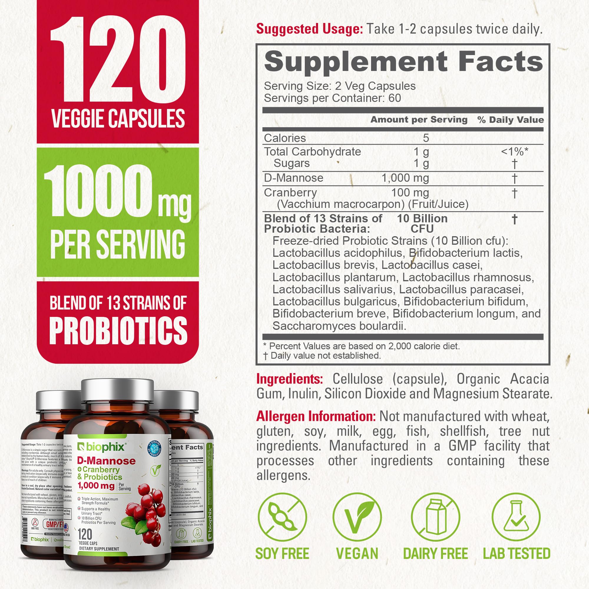 Foto 5 pulgar | Suplemento Biophix De D-manosa En Cápsulas De 1000 Mg Con Arándano Y Probióticos - Venta Internacional.