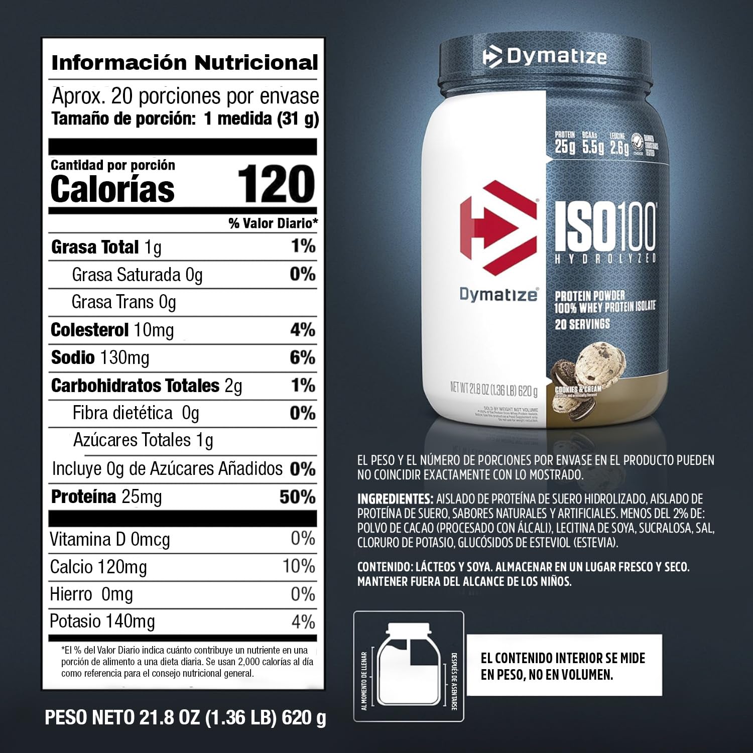 Foto 3 pulgar | Proteína de Suero en Polvo Dymatize Iso100 Sabor Cookies & Cream 620 g - Venta Internacional