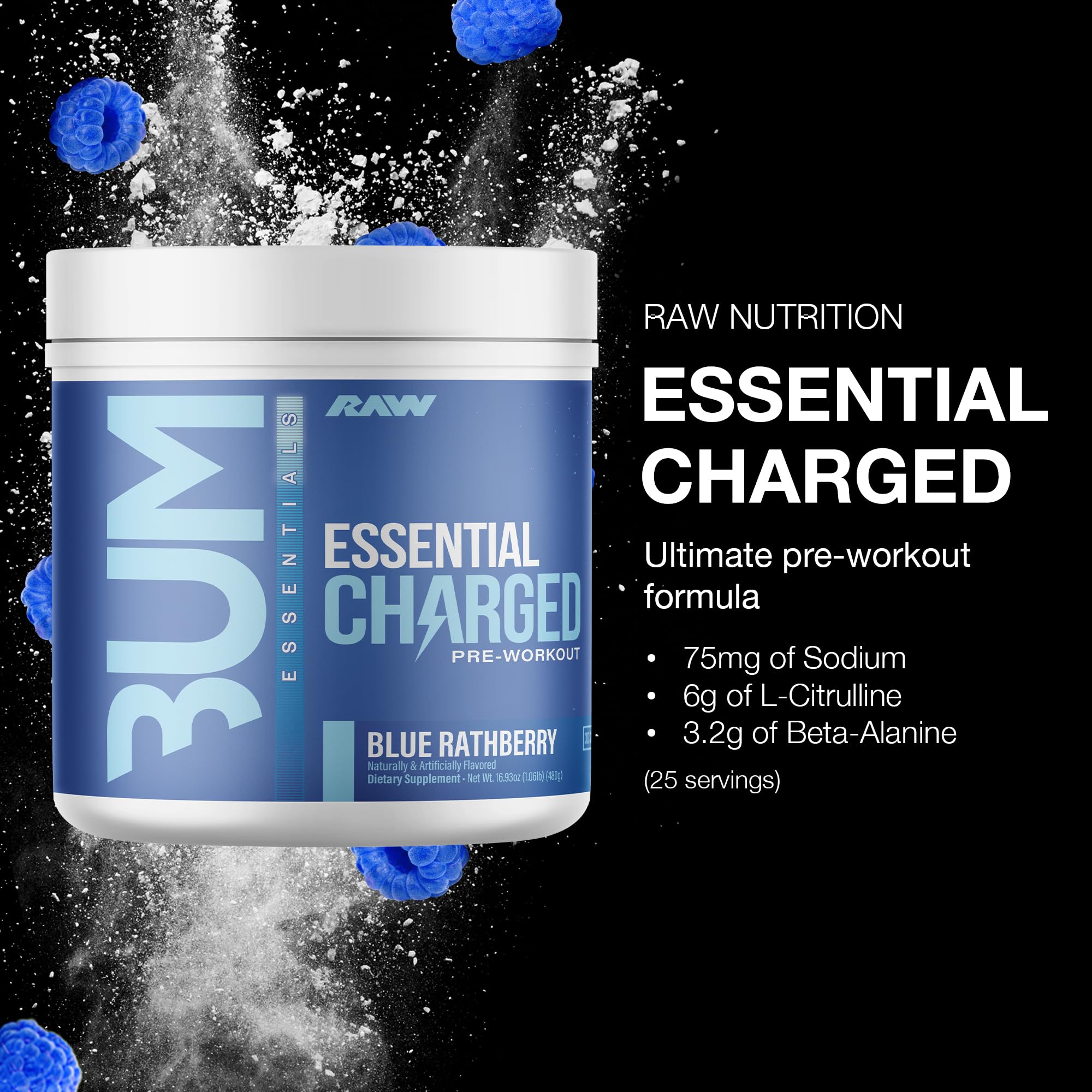 Foto 2 | Suplemento Para Antes Del Entrenamiento Raw Essential Charged Blue Rathberry - Venta Internacional.
