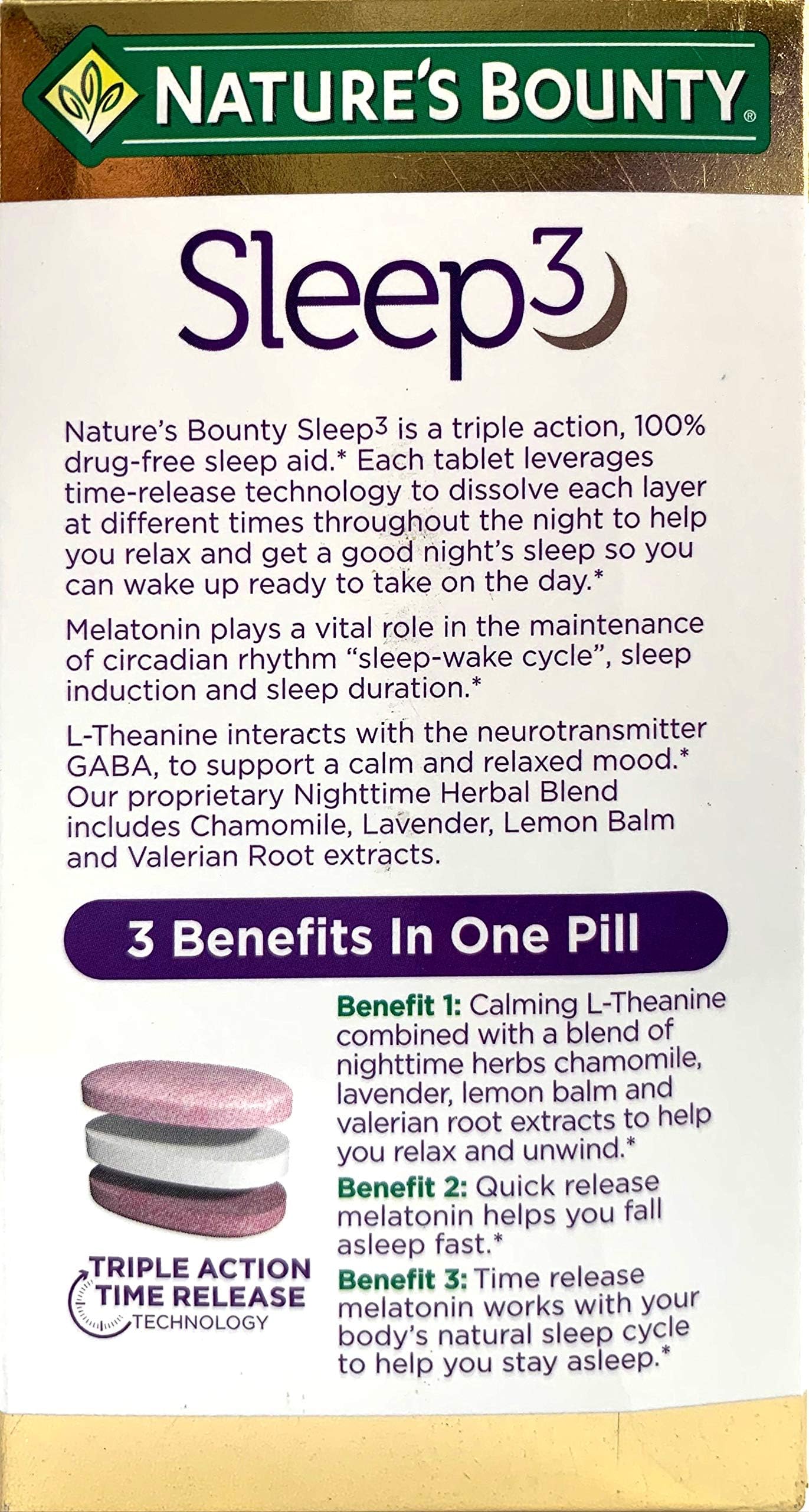Foto 3 pulgar | Suplemento Nature's Bounty Sleep3 de Melatonina 10 Mg 120 Comprimidos - Venta Internacional