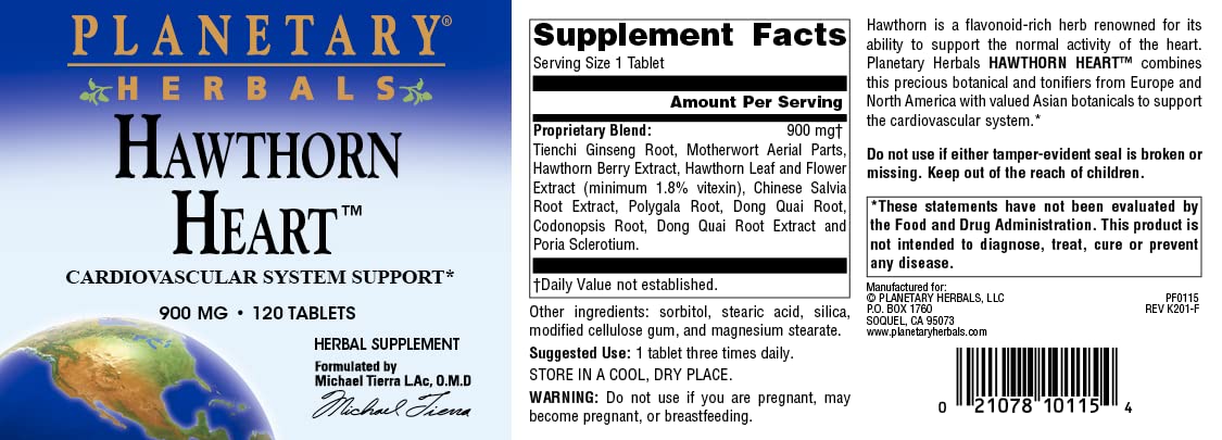 Foto 5 pulgar | Suplemento Planetary Herbals Hawthorn Heart 900 Mg - 120 Comprimidos - Venta Internacional.