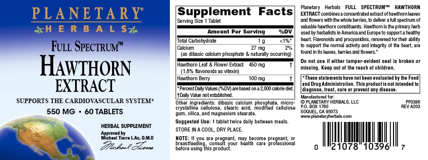 Foto 5 pulgar | Suplemento Planetary Herbals Hawthorn Heart 60 Comprimidos - Venta Internacional.