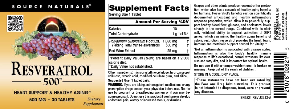 Foto 5 pulgar | Supplement Source Naturals Resveratrol 550 500 Mg - 30 Tabletas - Venta Internacional.
