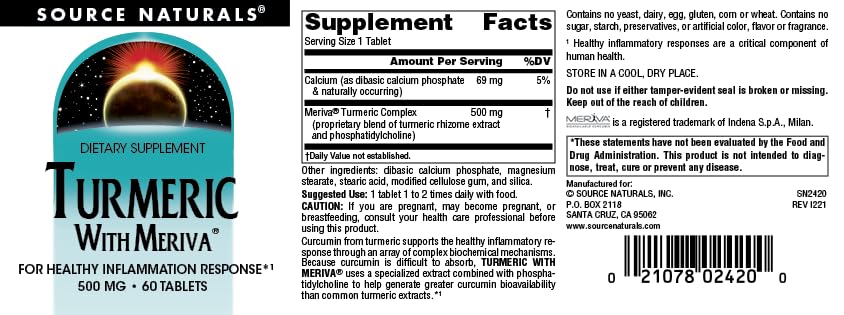 Foto 5 pulgar | Suplemento De Cúrcuma Source Naturals Con Meriva 500 Mg - 60 Comprimidos - Venta Internacional.
