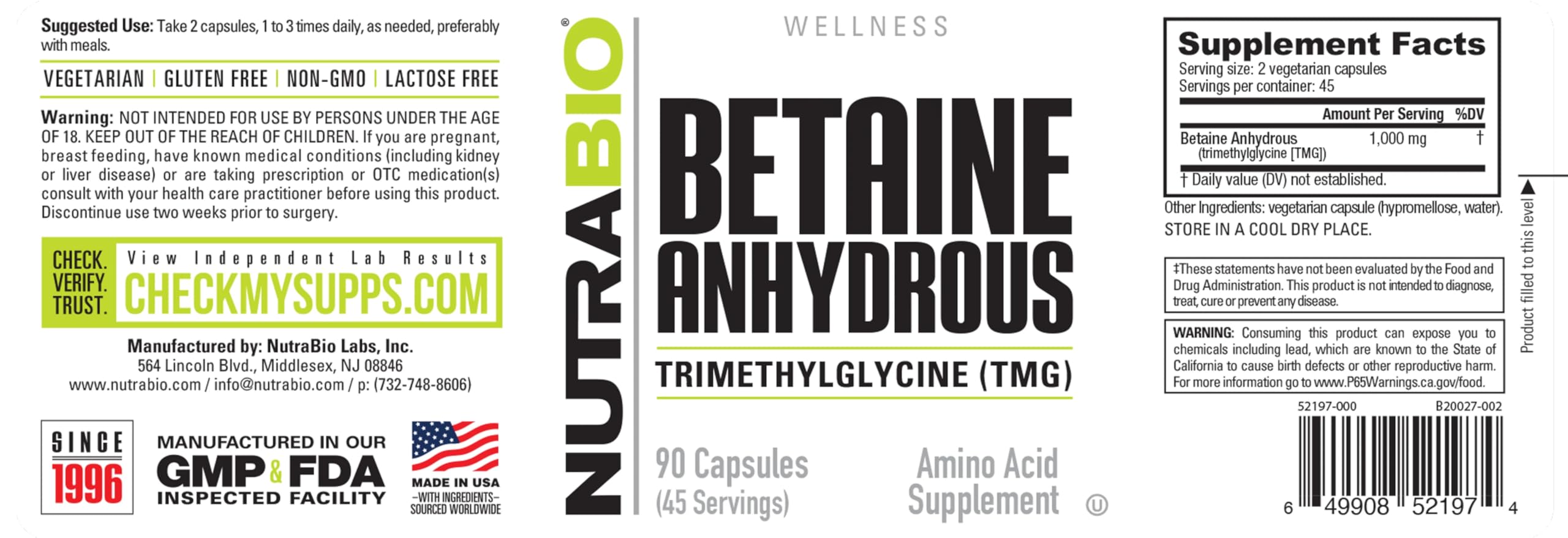 Foto 4 pulgar | Suplemento Nutrabio Tmg (trimetilglicina) En Cápsulas De 500 Mg - Venta Internacional.