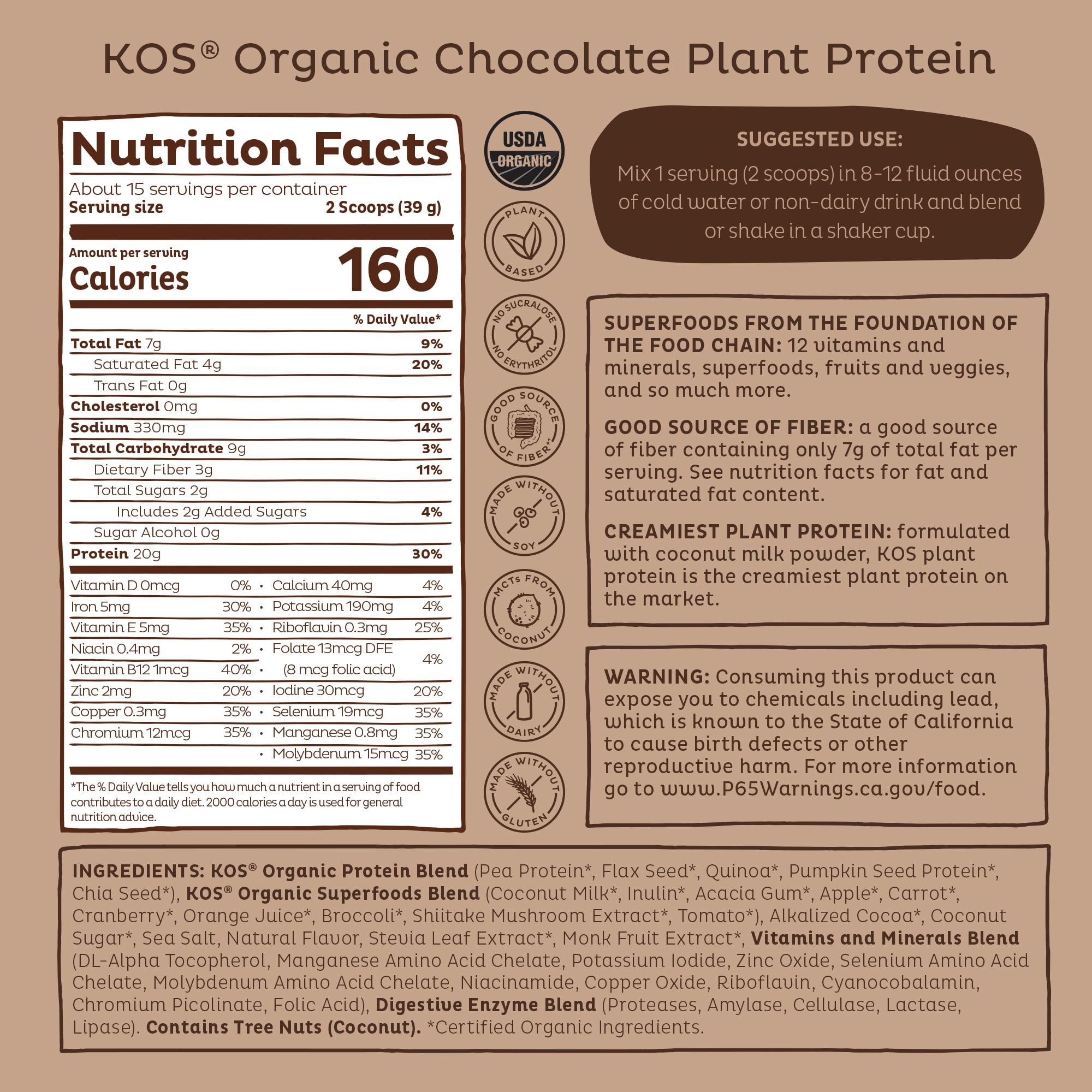 Foto 5 pulgar | Proteína En Polvo Kos  Chocolate Orgánico A Base De Plantas  450 G - Venta Internacional.