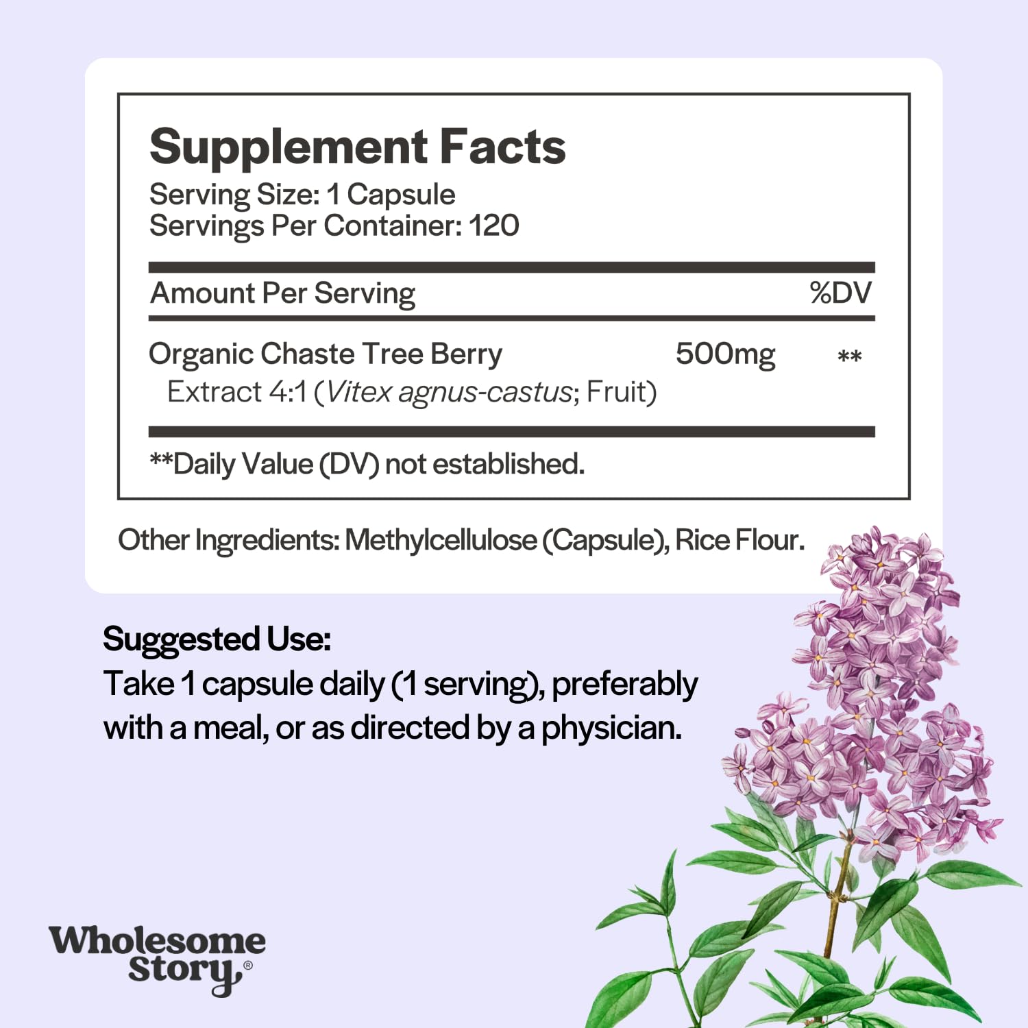 Foto 4 pulgar | Suplemento Wholesome Story Organic Vitex Sauzgatillo 120 Cápsulas - Venta Internacional.