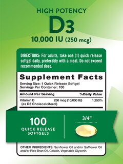 Foto 2 | Suplemento De Vitamina D3 De Nature's Truth 10 000 Ui Cápsulas Blandas 100 Unidades - Venta Internacional.