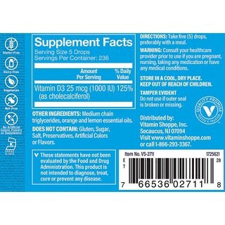 Foto 3 | Suplemento De Vitamina D3 De The Vitamin Shoppe 1000 Ui 30 Ml - Venta Internacional.