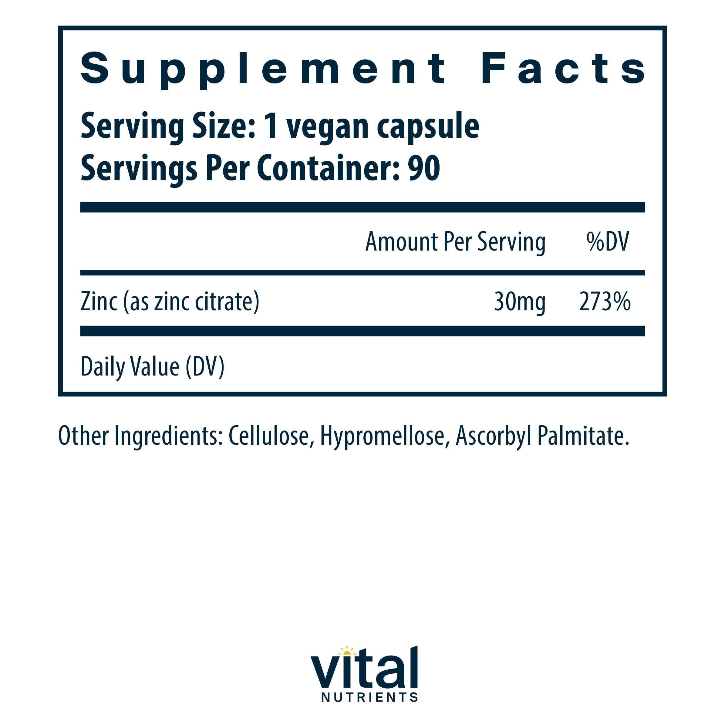 Foto 3 pulgar | Suplemento De Citrato De Zinc De Vital Nutrients 30 Mg 90 Cápsulas - Venta Internacional.