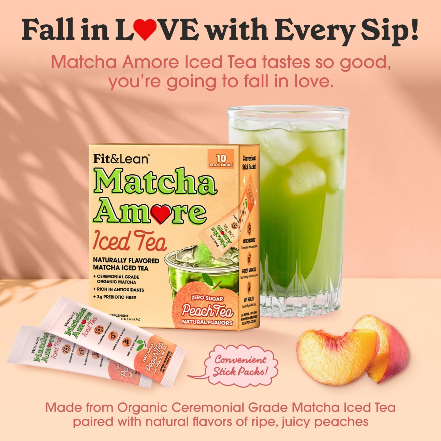 Foto 2 | Iced Tea Fit & Lean Matcha Amore Peach  Paquetes De 10 Barras - Venta Internacional.