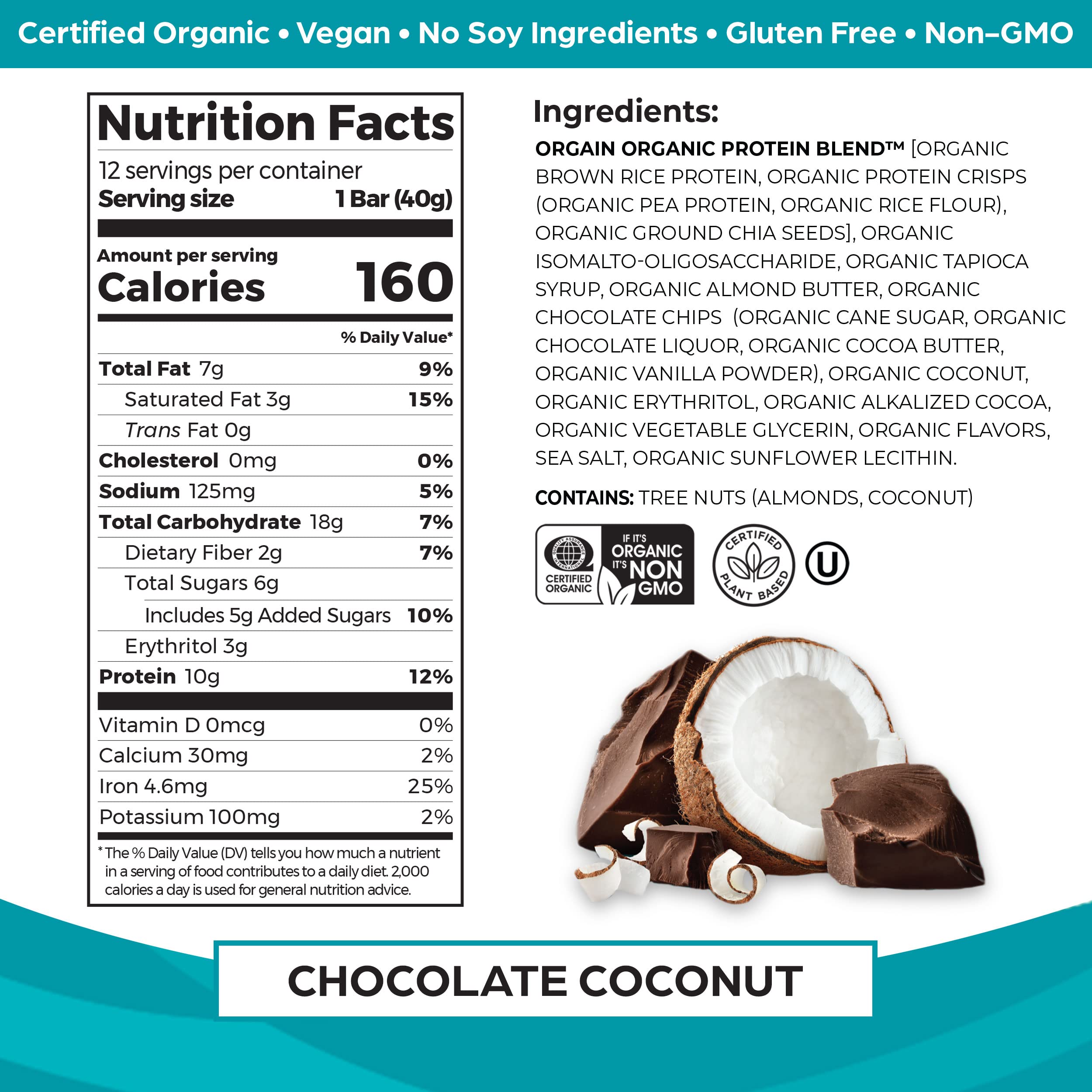 Foto 2 | Barritas De Proteína Orgain Orgain  Chocolate Y Coco Vegano  40 G - Venta Internacional.