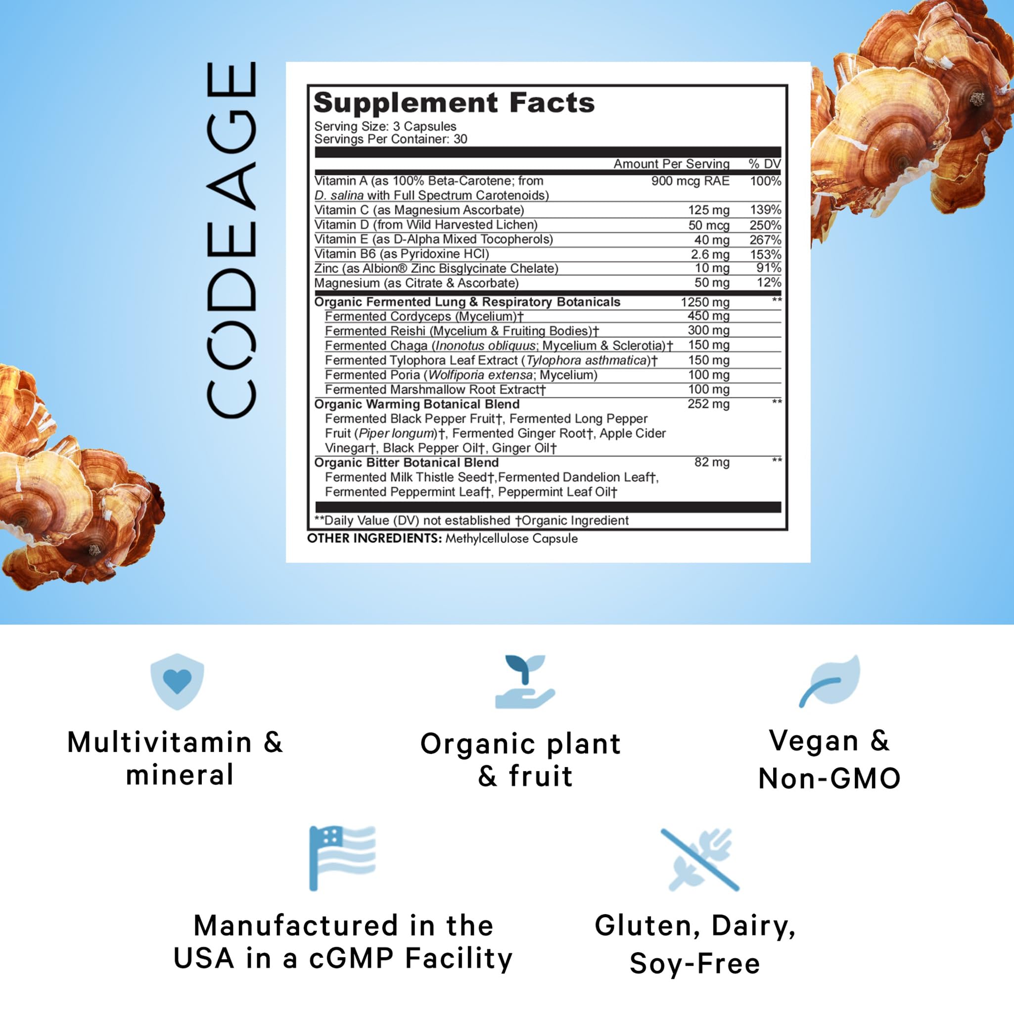 Foto 2 | Suplemento: Codeage  Pulmones  Vitaminas A  C  D  E  B6  Zinc Y Magnesio - Venta Internacional.