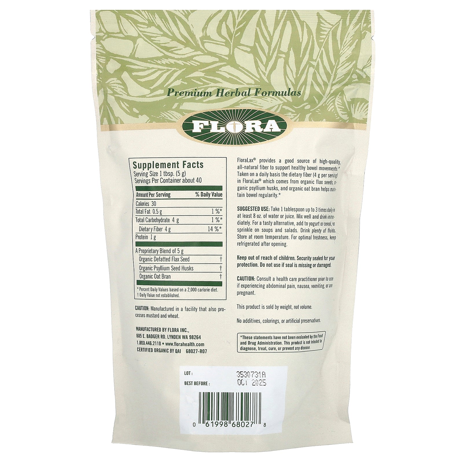 Foto 3 pulgar | Suplemento Floralax Orgánico Certificado Por Flora 198 G (7 Oz) - Venta Internacional.