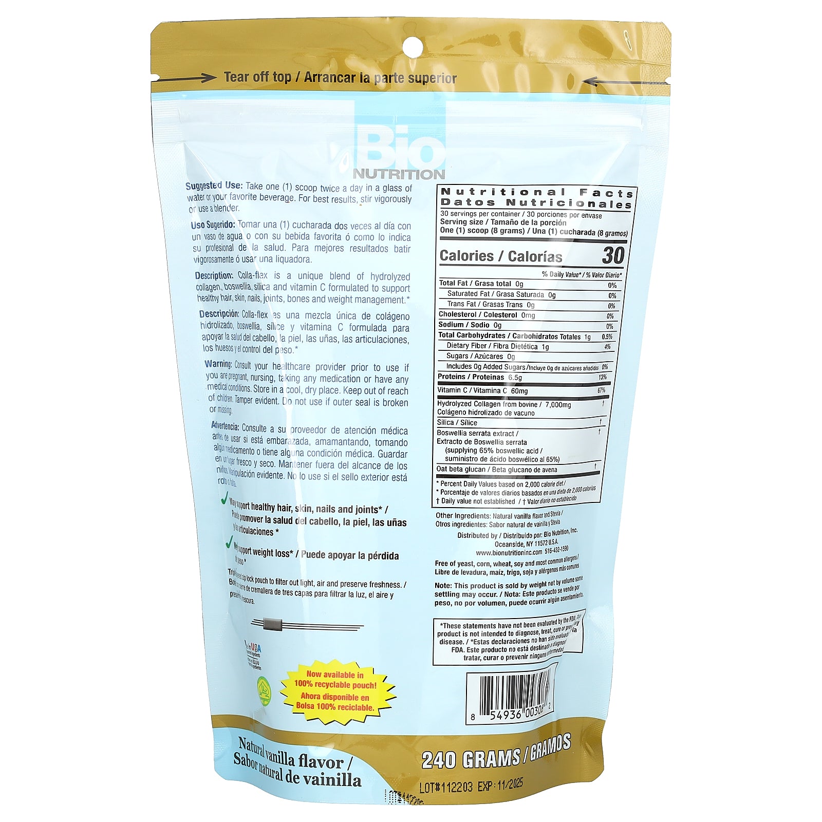 Foto 3 pulgar | Suplemento Colla-flex De Colágeno Hidrolizado Bio Nutrition 240 G - Venta Internacional.