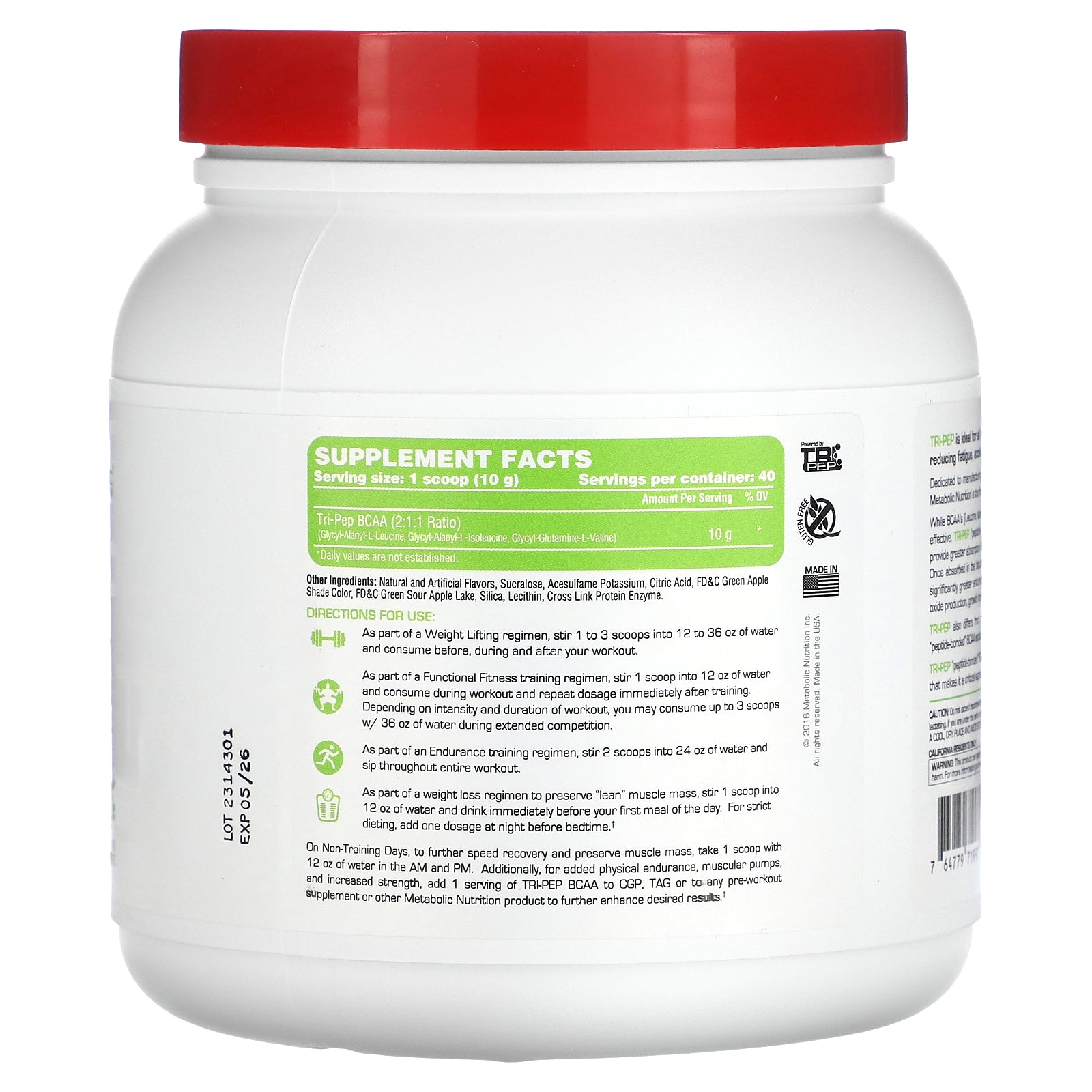 Foto 3 pulgar | Suplemento Metabolic Nutrition Tri-pep Bcaa Manzana Verde 400 G - Venta Internacional.