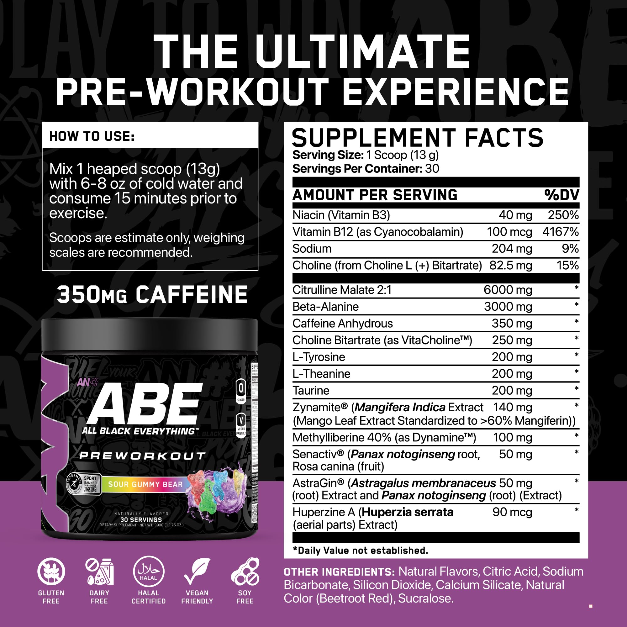 Foto 2 | Pre Workout Powder Abe All Black Everything Sour Gummy 30 Dosis - Venta Internacional