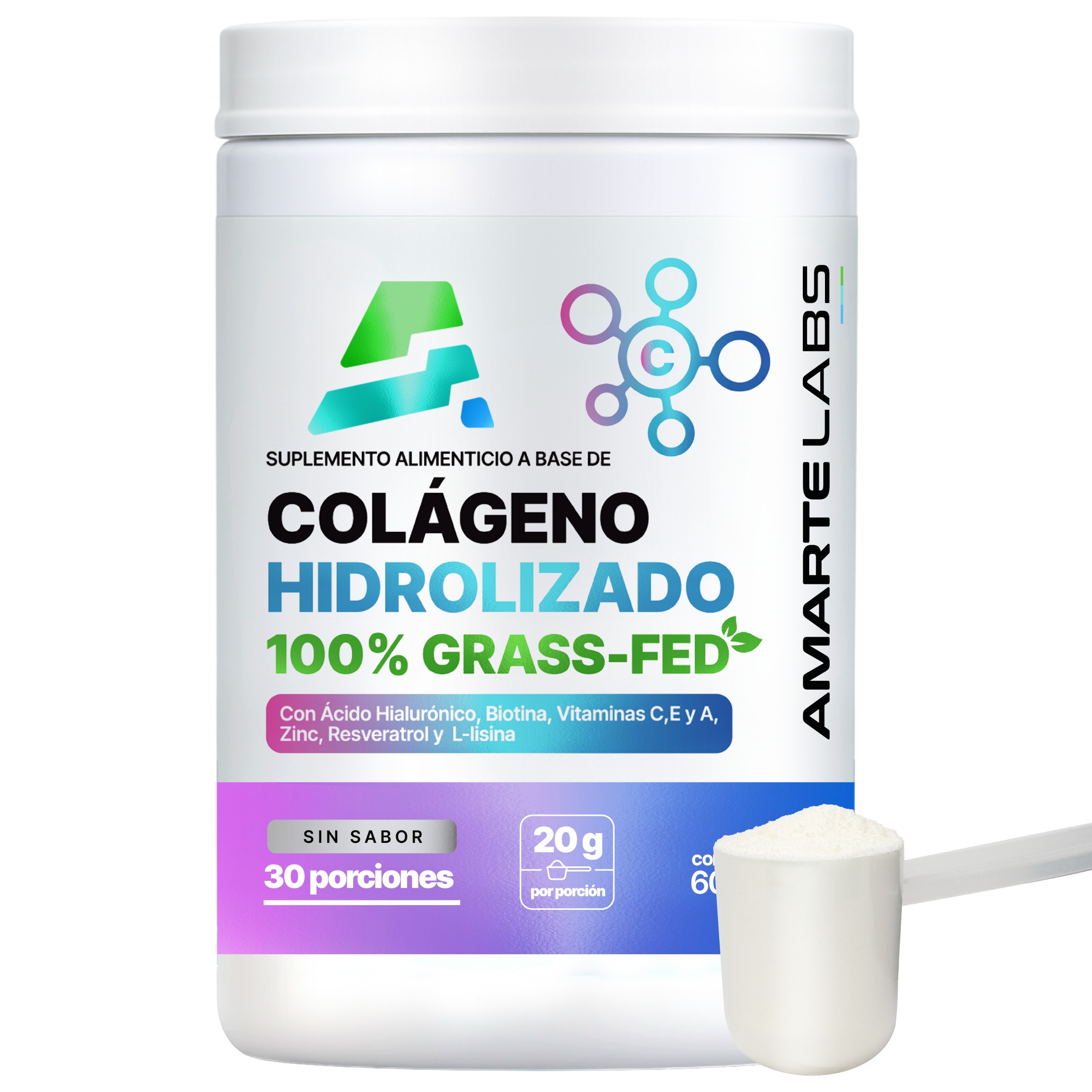 Foto 1 | Péptidos de Colágeno Amarte Labs 100% Grass-Fed Sin Sabor 600 gr