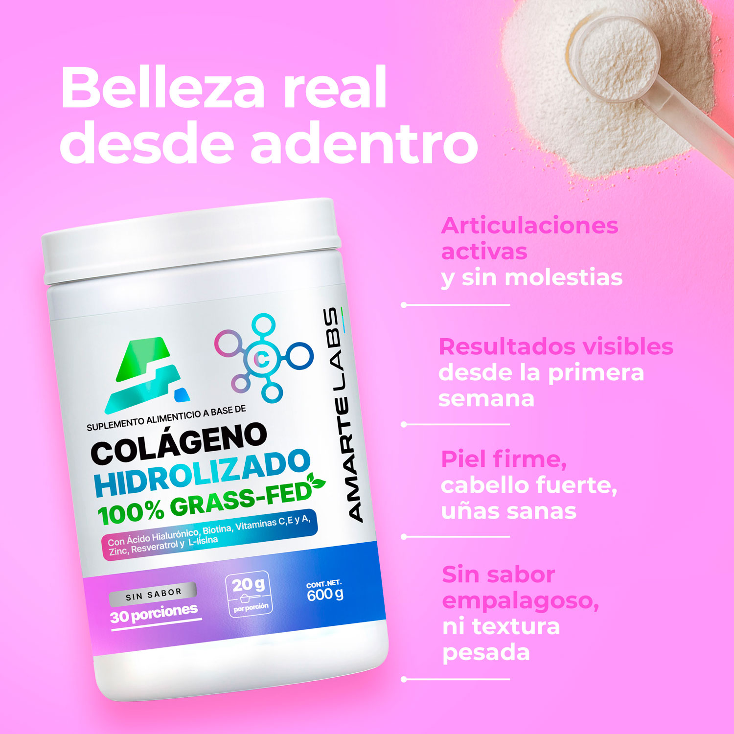 Foto 4 pulgar | Péptidos de Colágeno Amarte Labs 100% Grass-Fed Sin Sabor 600 gr
