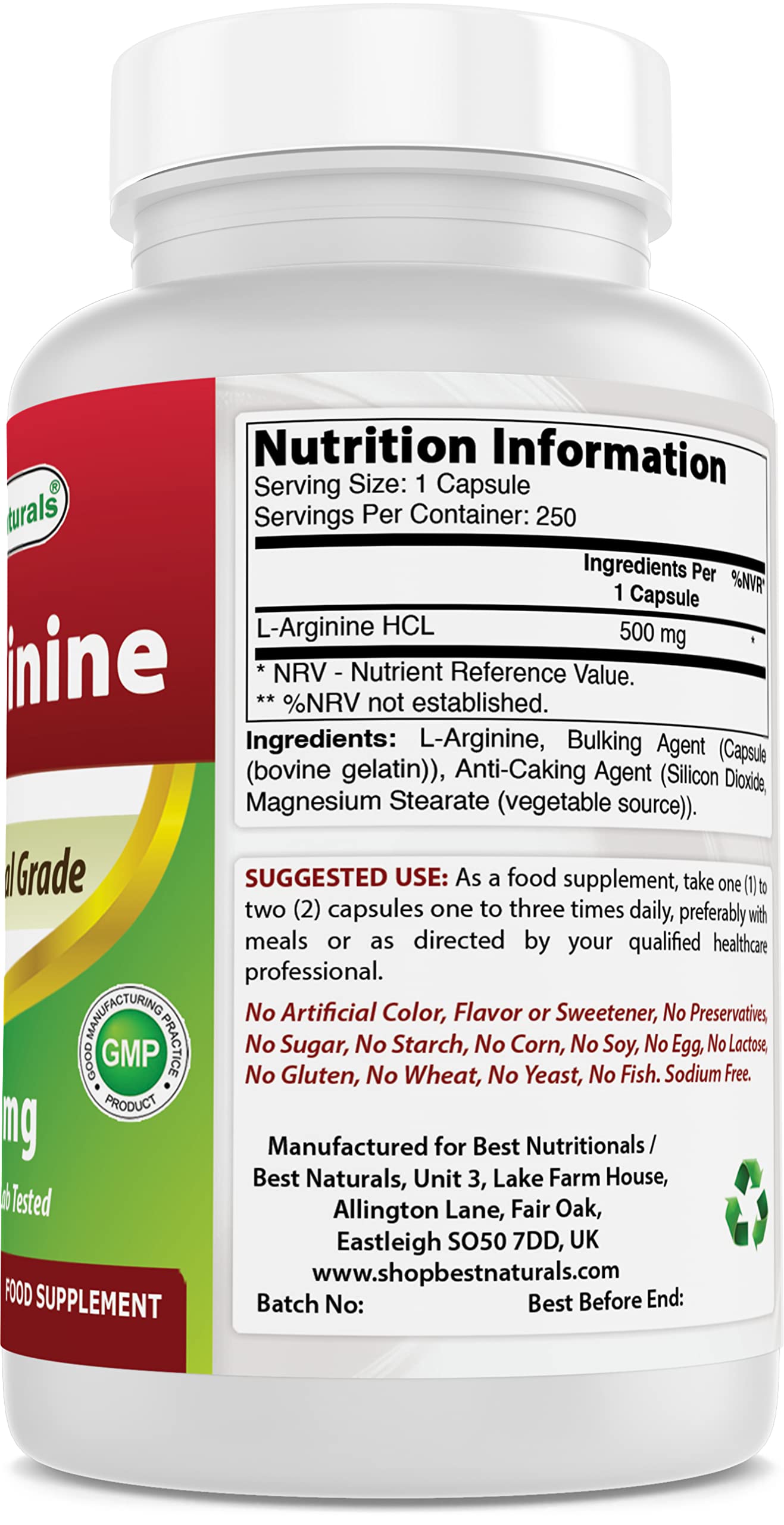 Foto 2 | Suplemento Best Naturals L-arginina 500 Mg 250 Cápsulas - Venta Internacional.