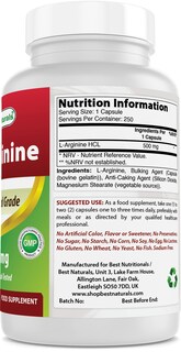 Foto 2 | Suplemento Best Naturals L-arginina 500 Mg 250 Cápsulas - Venta Internacional.