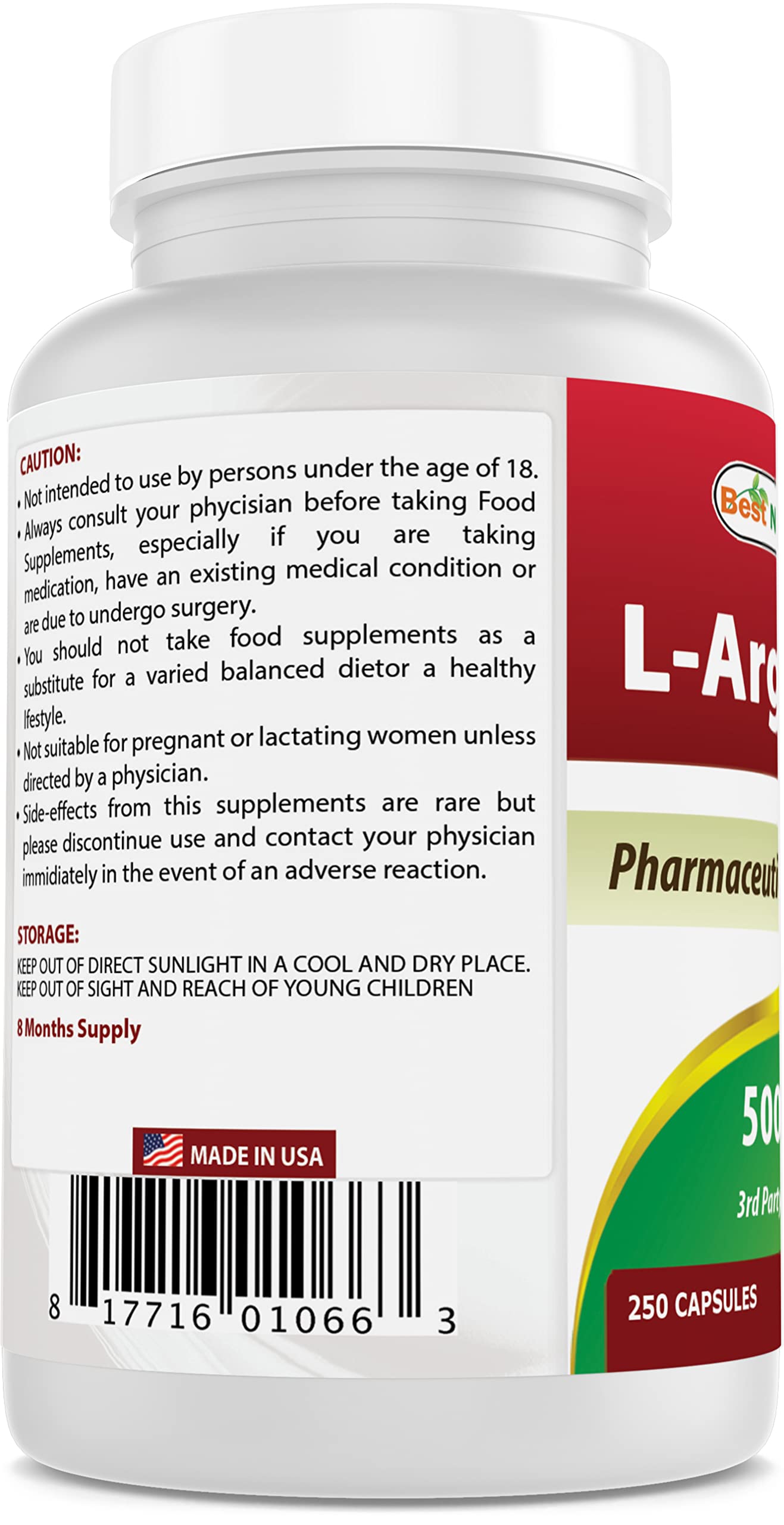 Foto 3 | Suplemento Best Naturals L-arginina 500 Mg 250 Cápsulas - Venta Internacional.