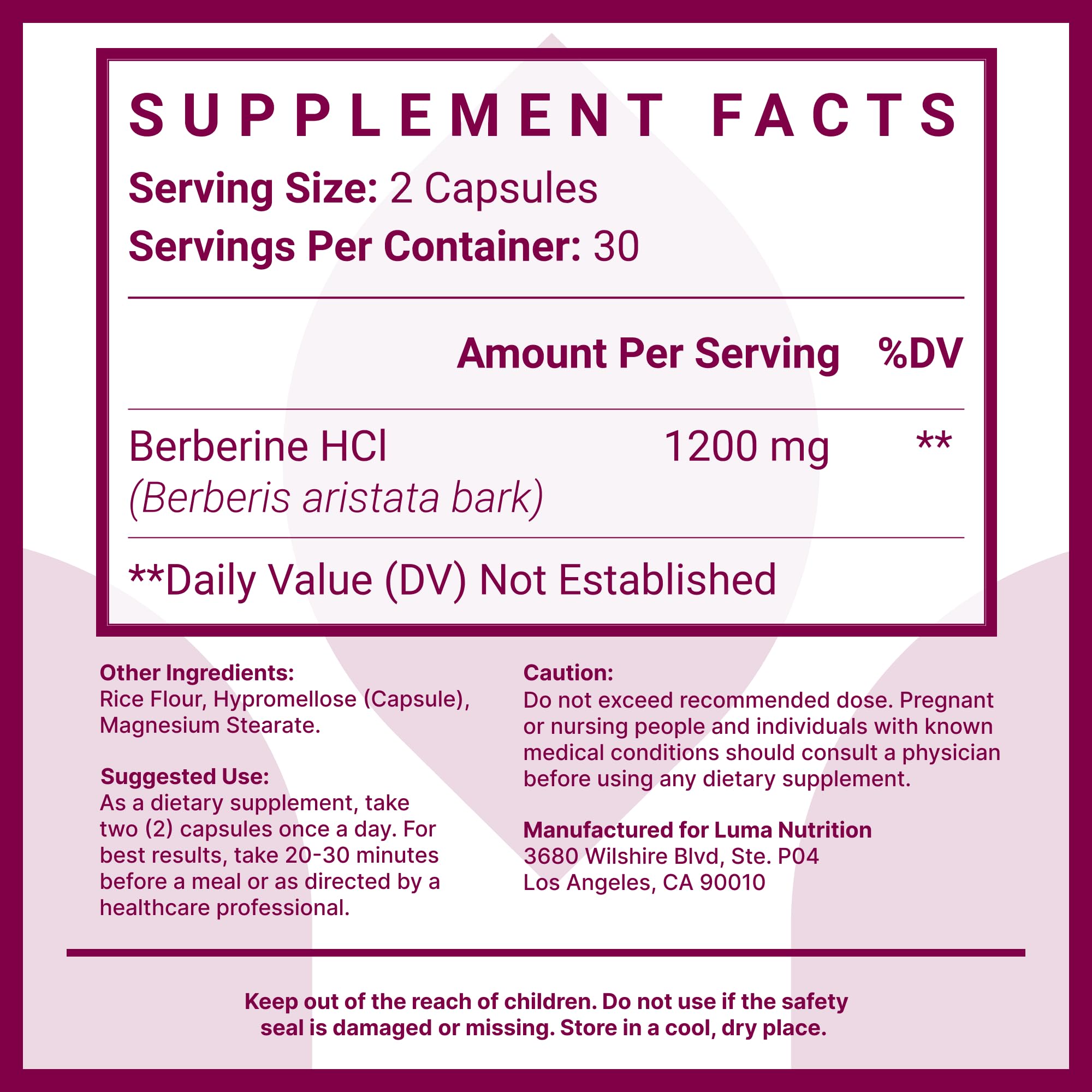 Foto 7 pulgar | Suplemento Luma Nutrition Berberine Hcl 1200 Mg 60 Cápsulas - Venta Internacional.