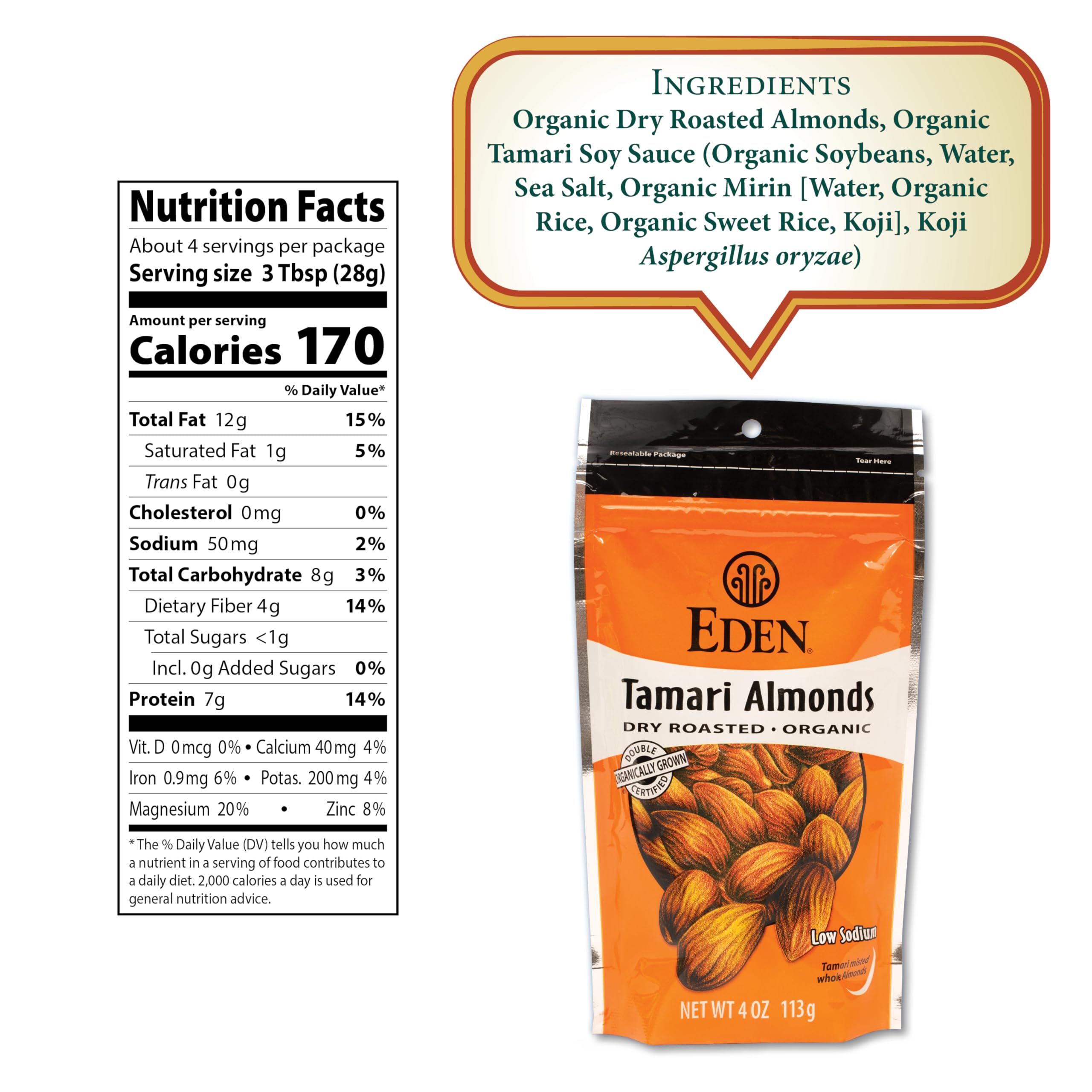 Foto 2 | Almendras Tamari Orgánicas Snack Eden 120 Ml - Venta Internacional.