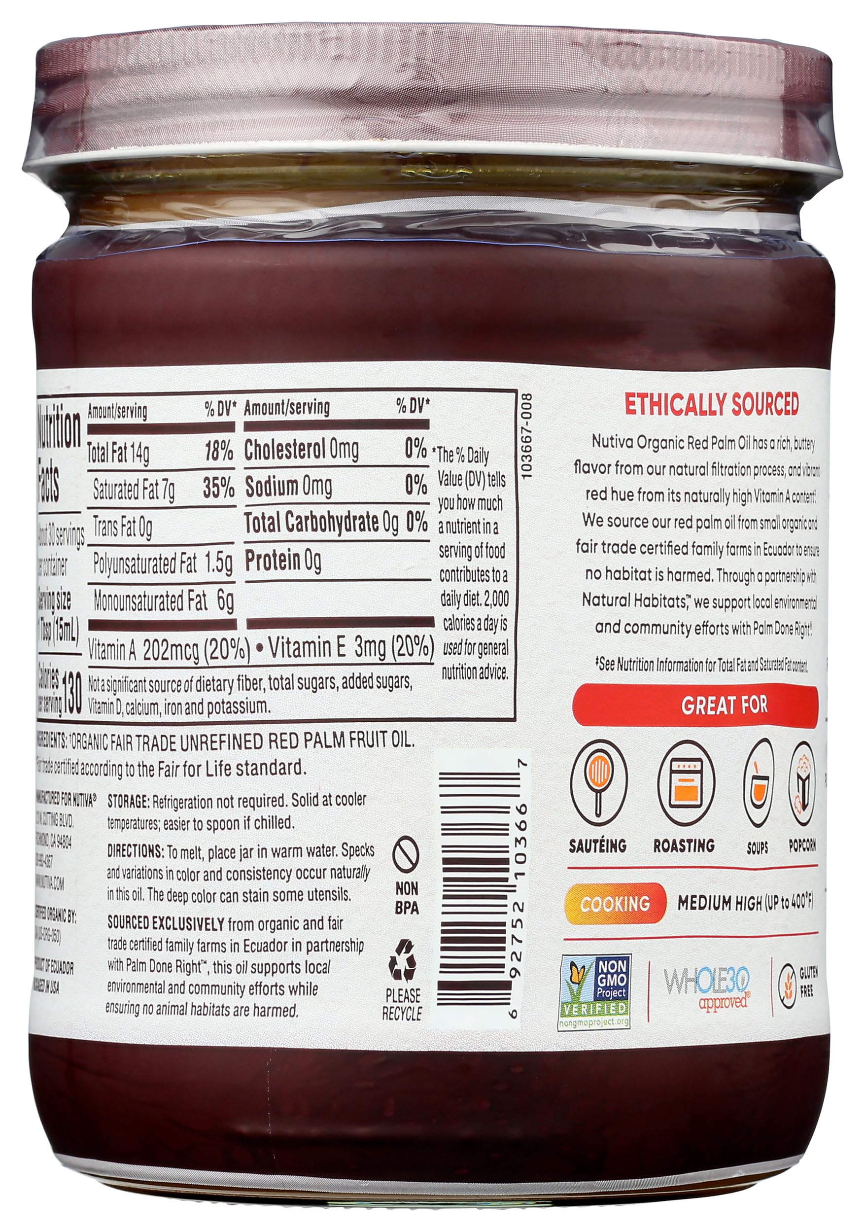 Foto 3 pulgar | Aceite De Palma Roja Nutiva Organic Fair Trade 450 Ml - Venta Internacional.