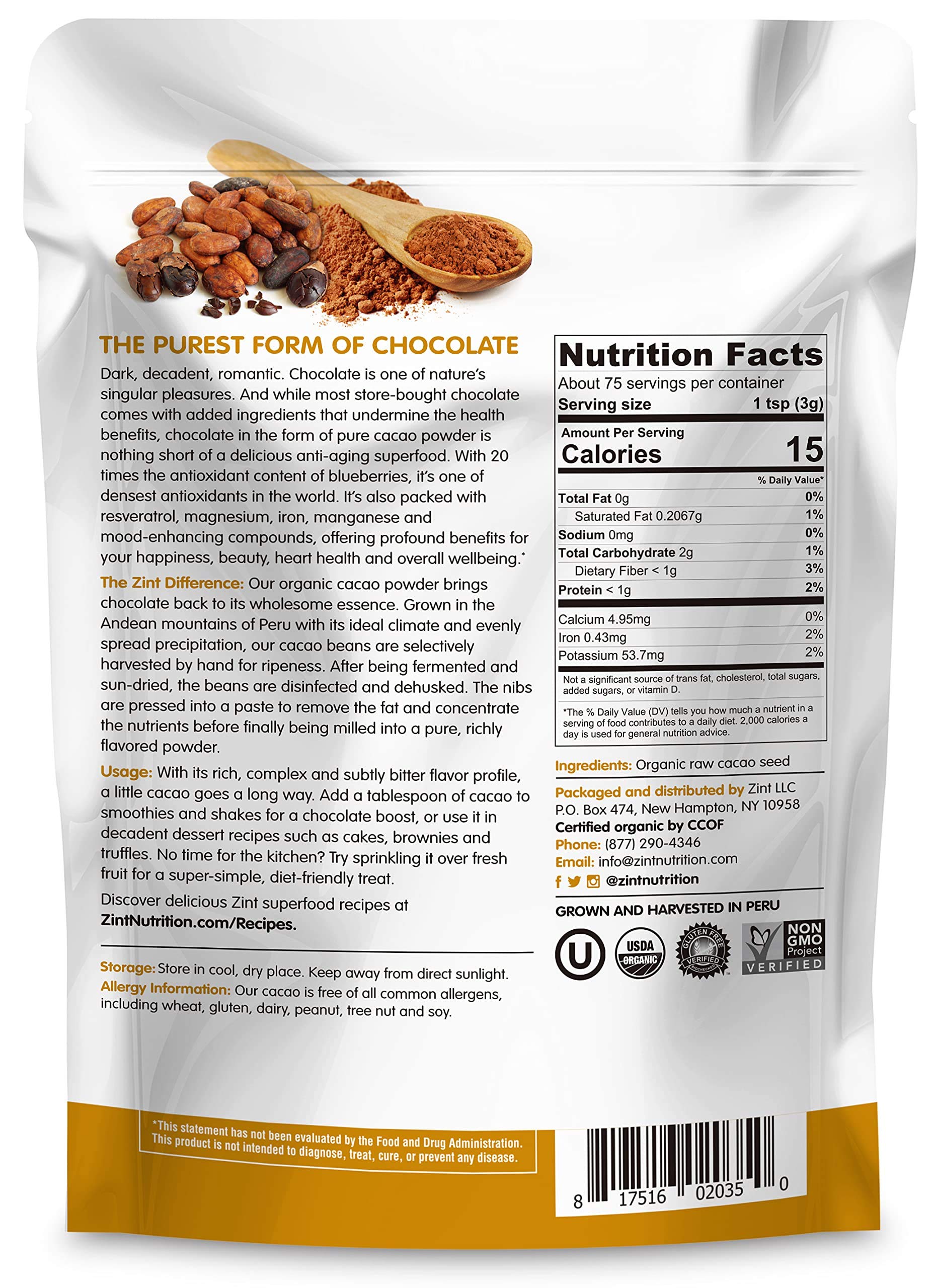 Foto 7 pulgar | Cacao En Polvo Zint Organic 240 Ml  Antienvejecimiento Certificado Paleo - Venta Internacional.