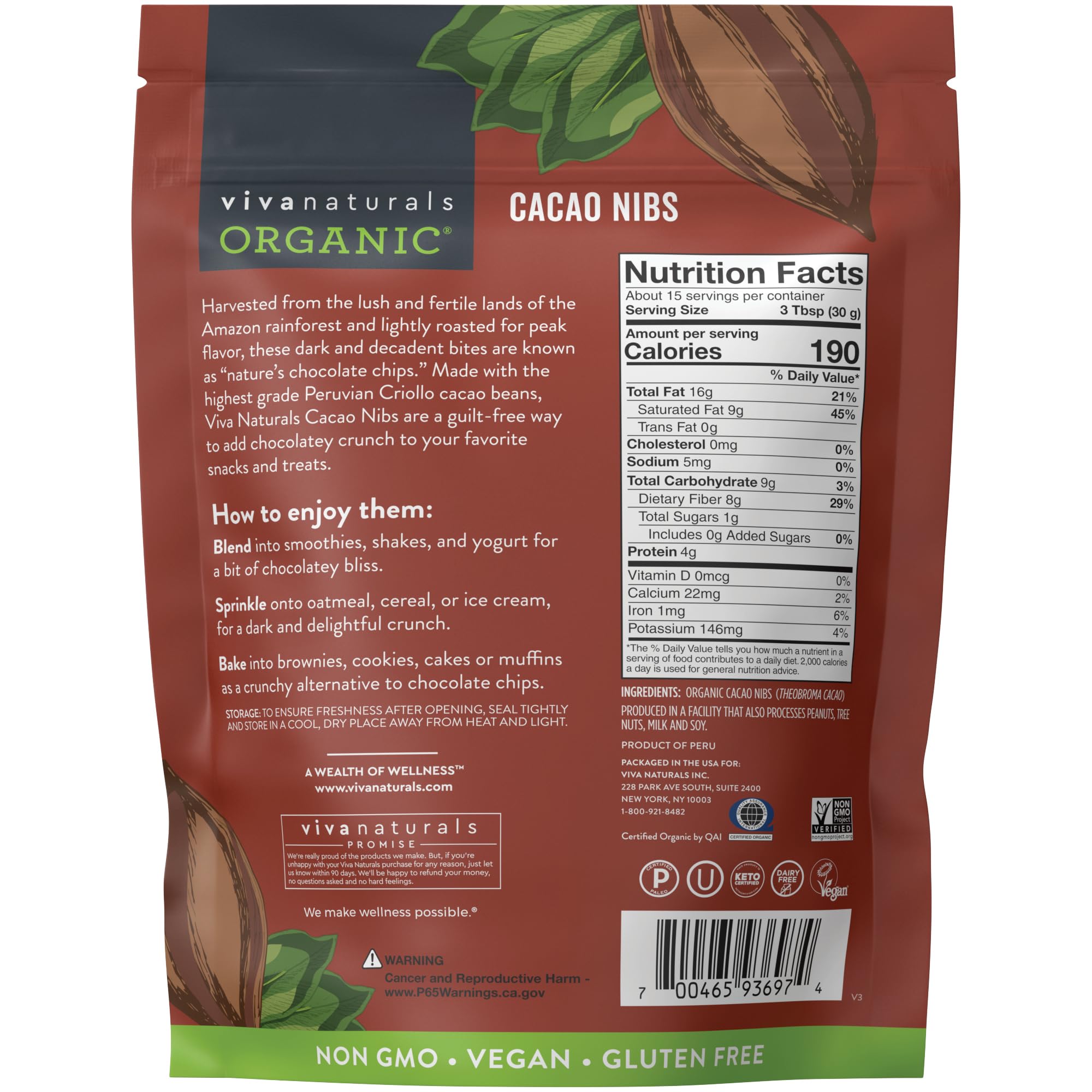 Foto 8 pulgar | Cacao Nibs Viva Naturals  Superalimento Cetovegano Orgánico De 454 G - Venta Internacional.