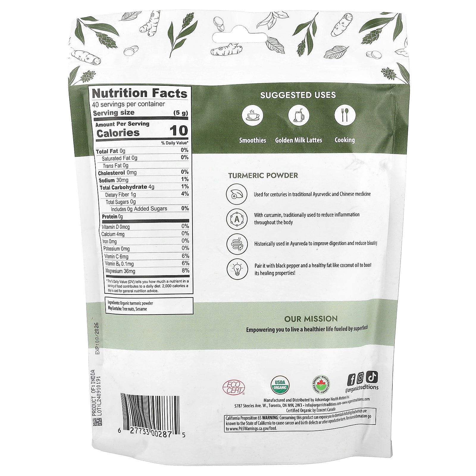 Foto 2 | Polvo De Cúrcuma Organic Traditions 454 G - Venta Internacional.