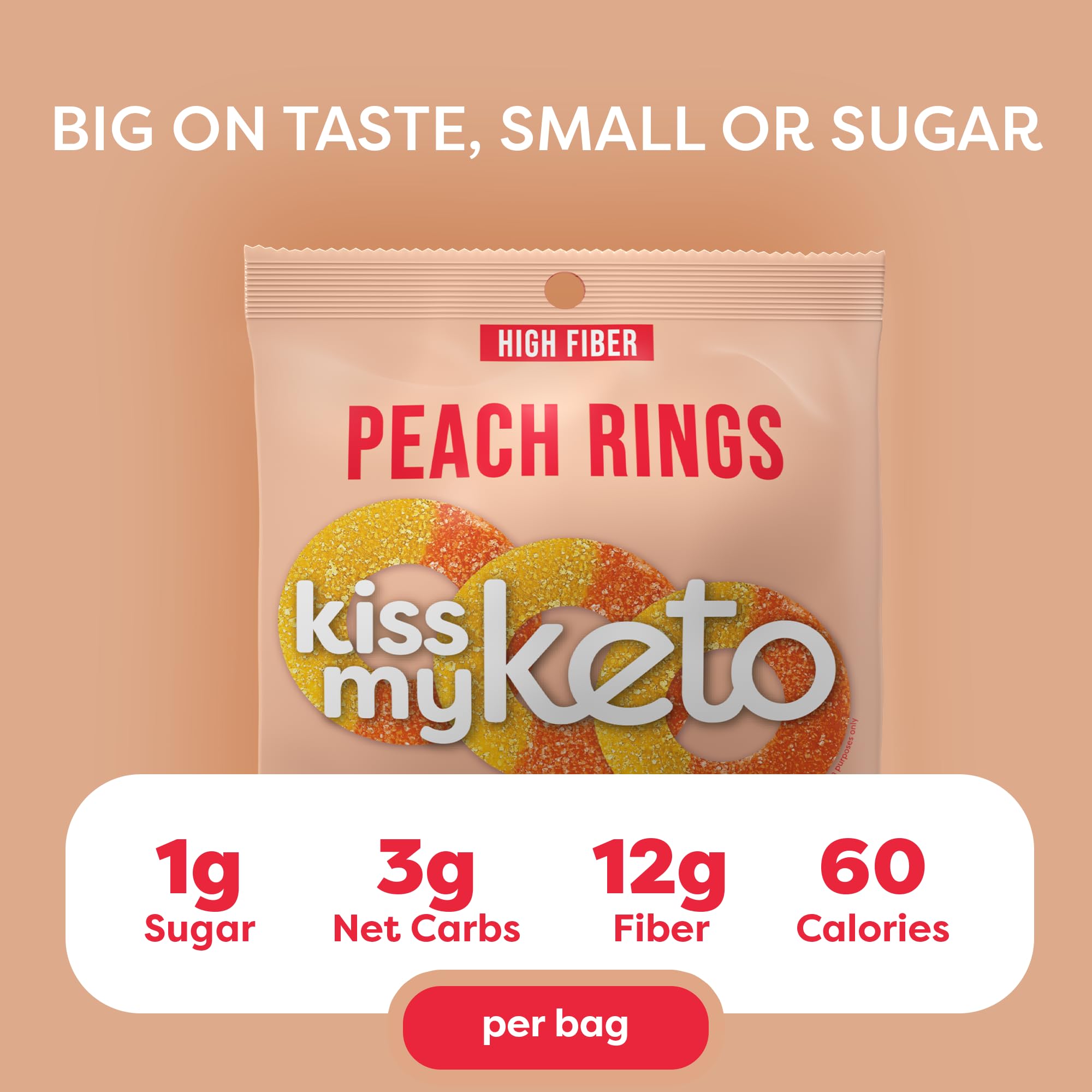 Foto 2 | Anillos De Melocotón Gummies Kiss My Keto  Paquete De 8 Unidades  Sin Azúcar  25 G - Venta Internacional.