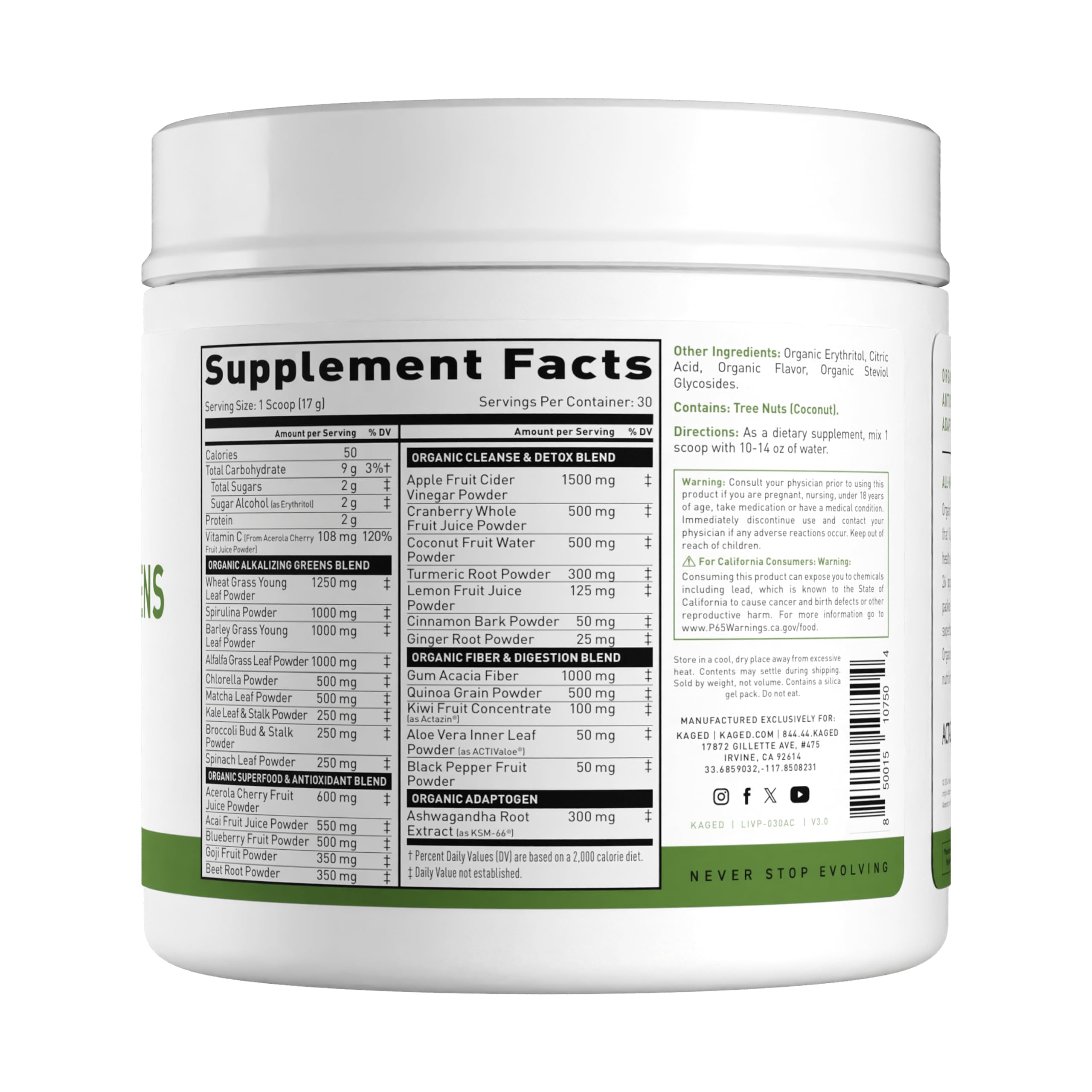 Foto 3 pulgar | Superalimento En Polvo Kaged Organic Greens Outlive100 Apple 30s - Venta Internacional.