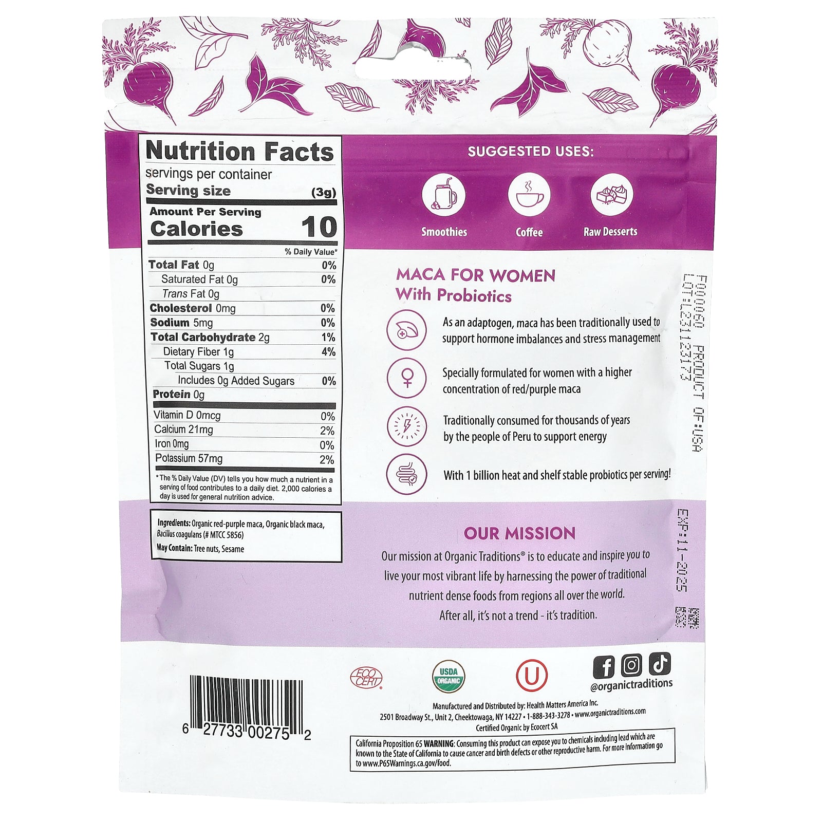 Foto 3 pulgar | Suplemento De Maca Organic Traditions Para Mujeres Con Probióticos 150 G - Venta Internacional.