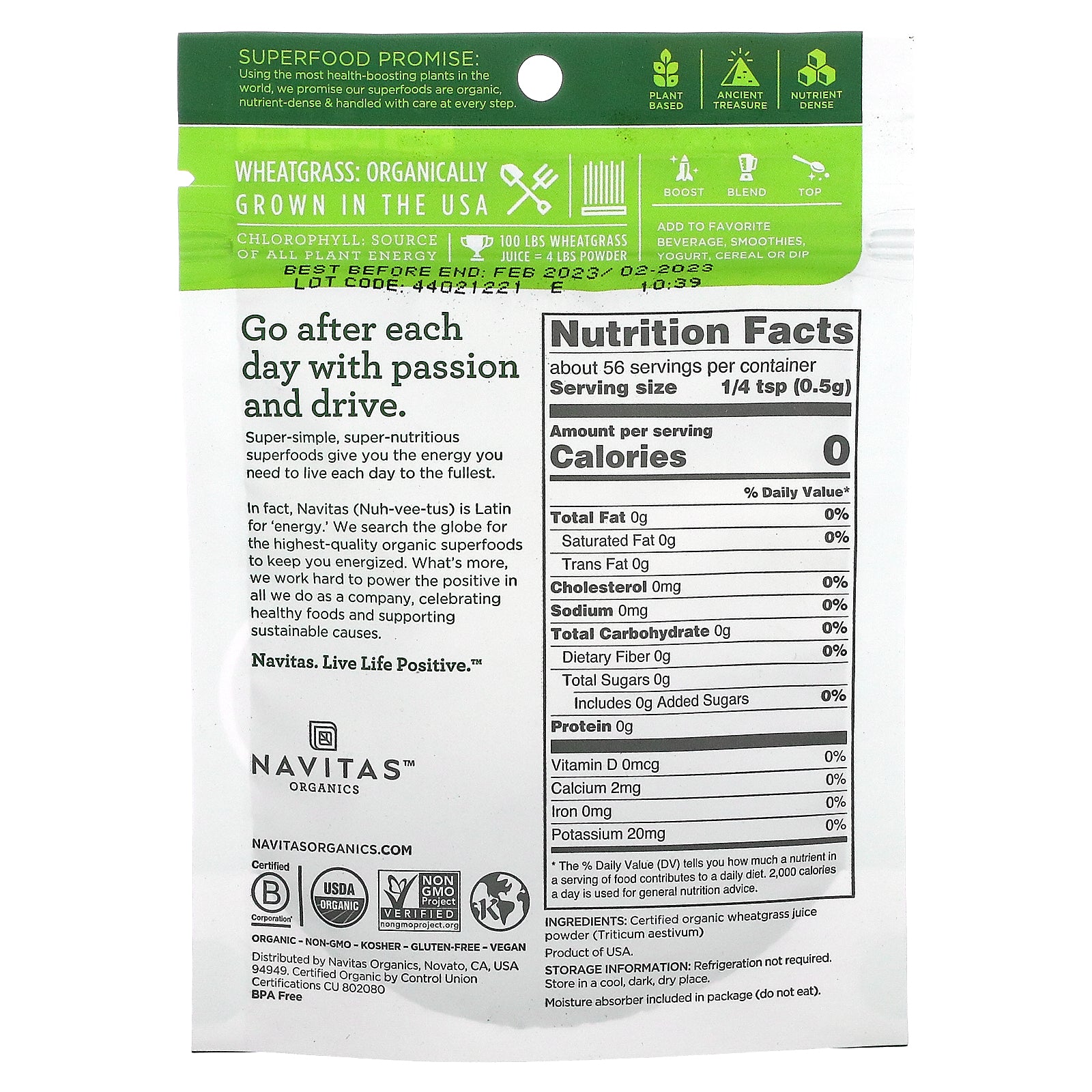 Foto 2 | Jugo De Pasto De Trigo En Polvo Navitas Organics Organic 28 G - Venta Internacional.