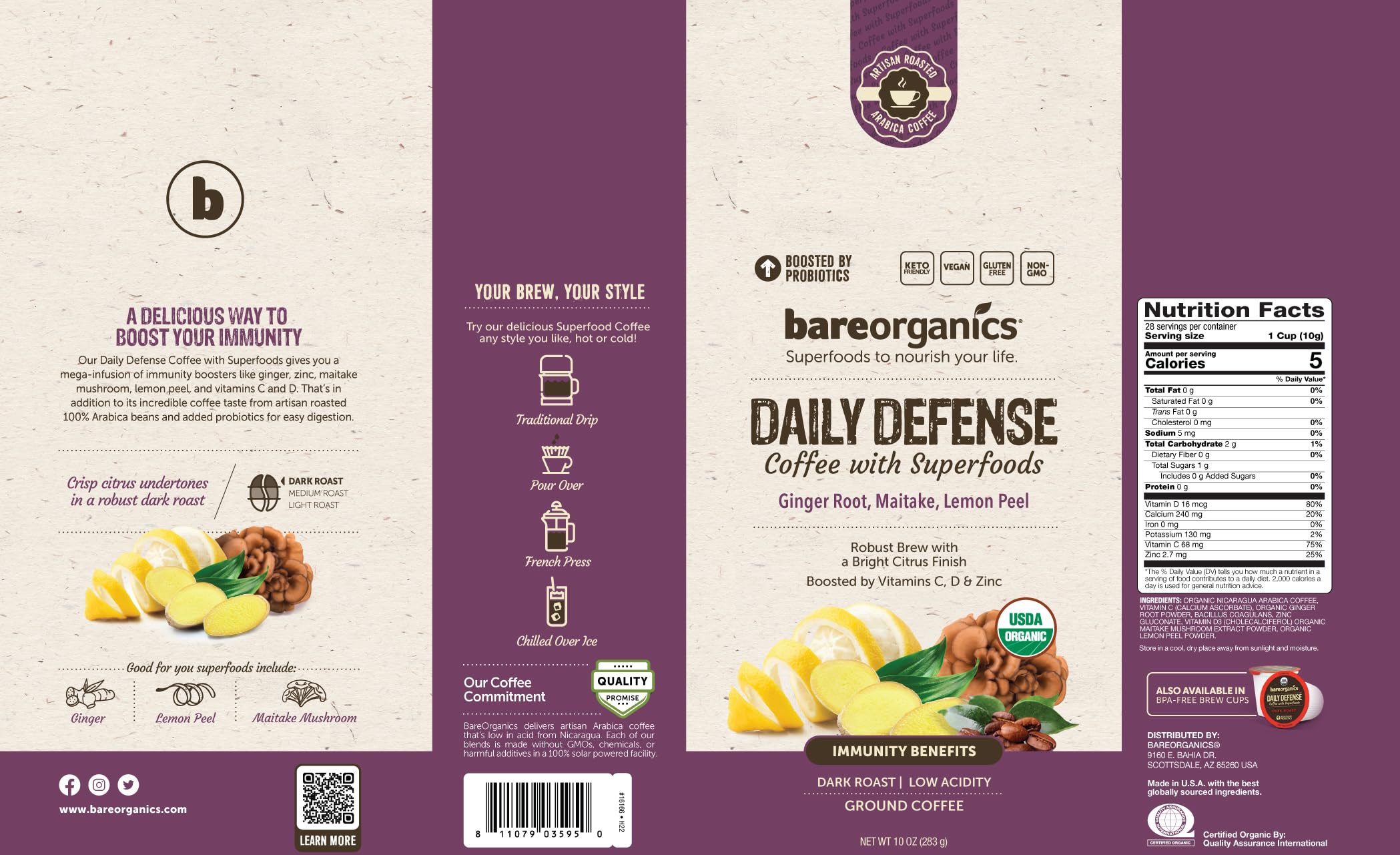 Foto 3 pulgar | Café Bareorganics Artesanal Daily Defense  300 Ml  Tostado Oscuro - Venta Internacional.