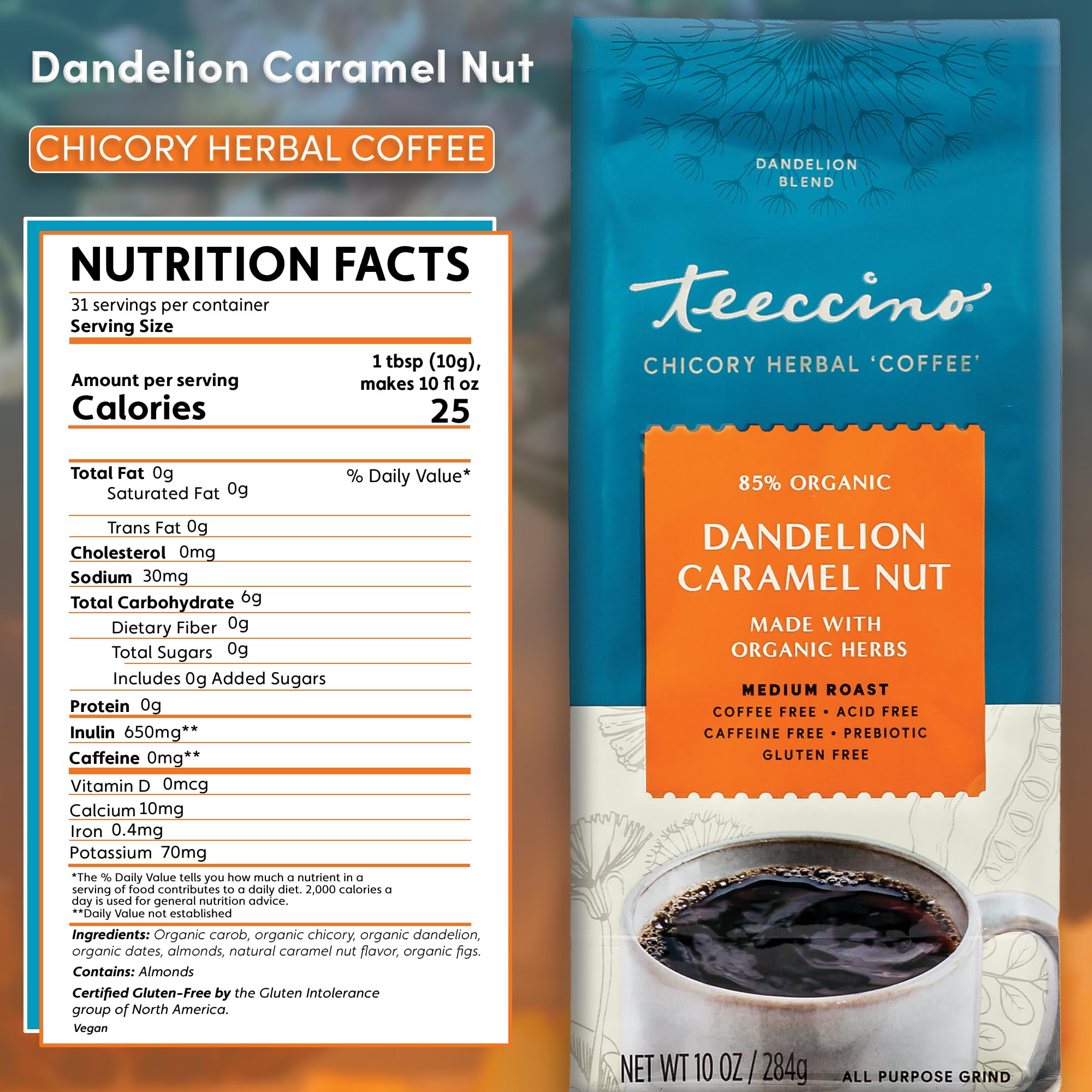 Foto 2 | Café De Hierbas Teeccino Con Caramelo Y Diente De León  300 Ml  Tostado Medio - Venta Internacional.