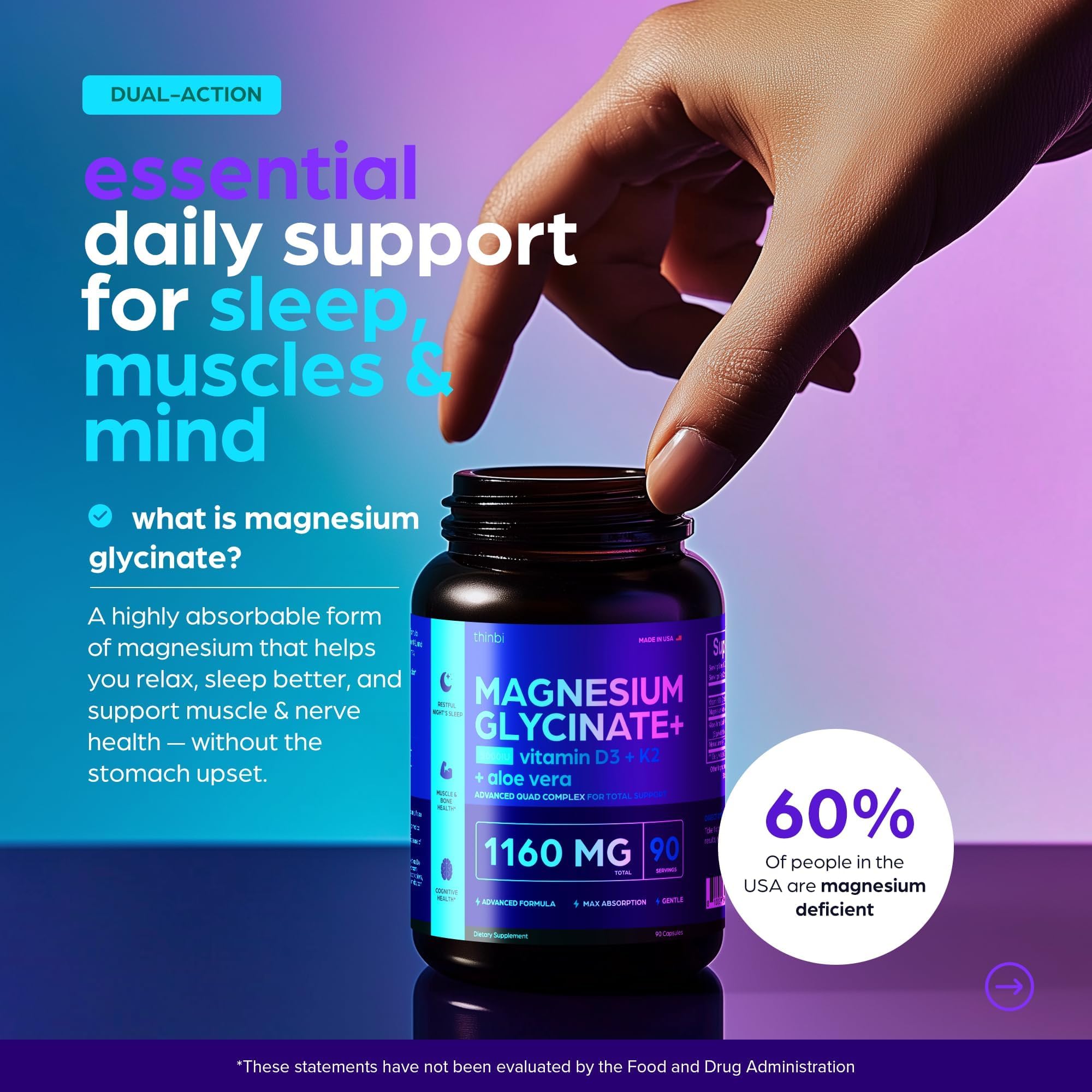 Foto 3 pulgar | Suplemento Artnaturals De Glicinato De Magnesio 1160 Mg + Aloe Vera - Venta Internacional.