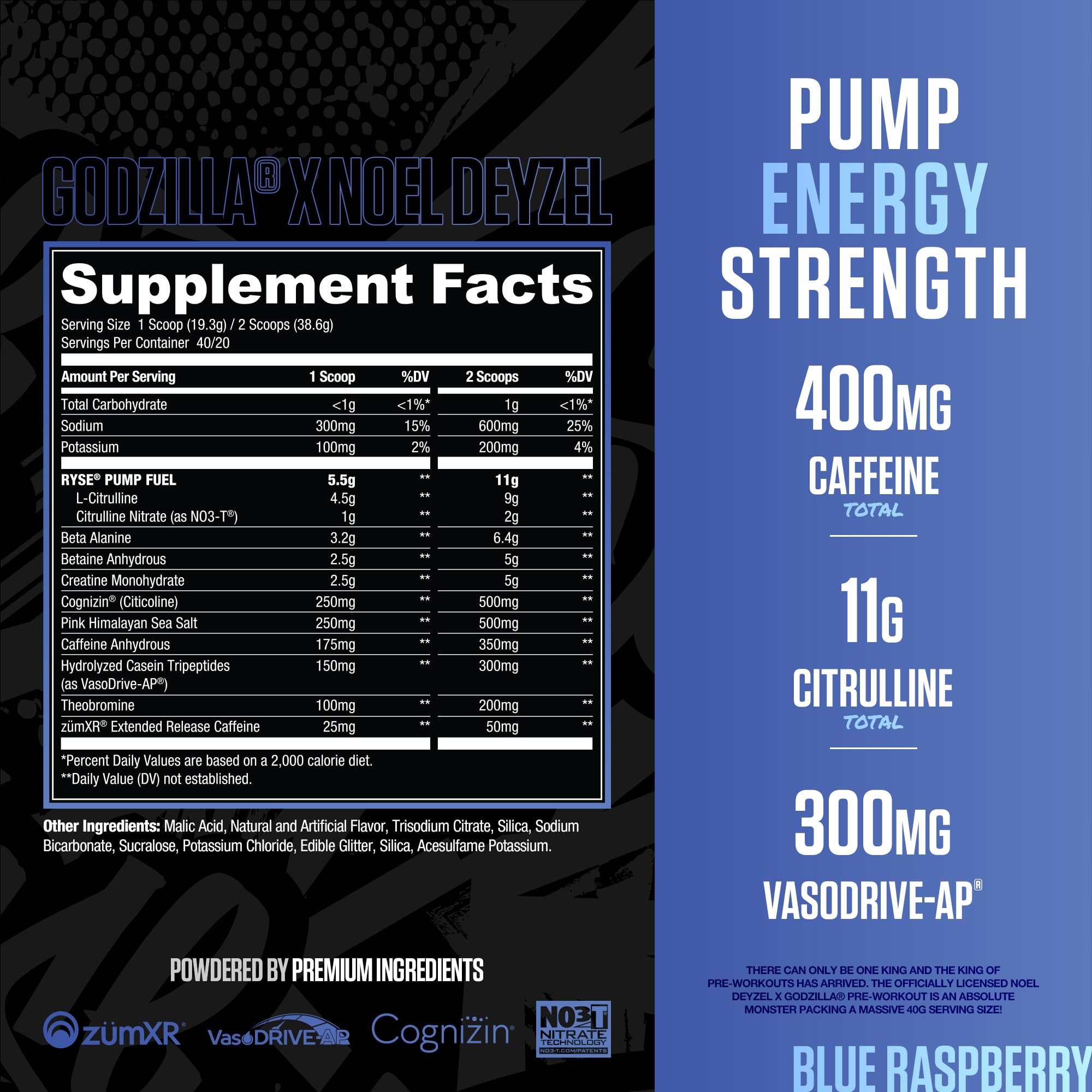 Foto 3 pulgar | Polvo Para Antes Del Entrenamiento Ryse Godzilla X Noel Deyzel Blue Raspberry - Venta Internacional.