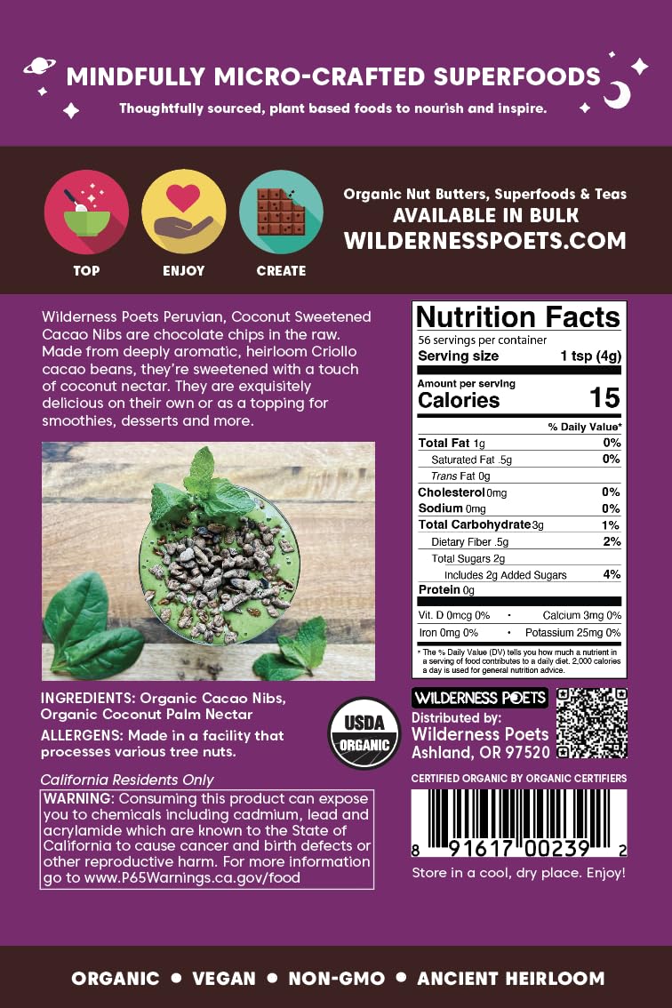 Foto 3 pulgar | Cacao Nibs Wilderness Poets Endulzado Con Néctar De Coco 227 G - Venta Internacional.