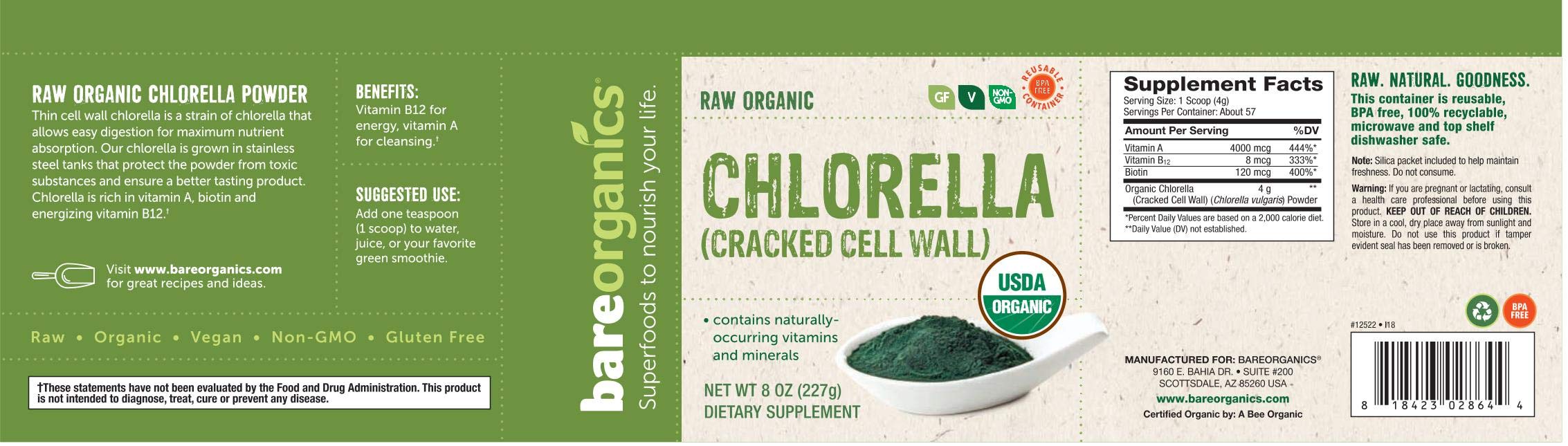 Foto 5 pulgar | Suplemento De Clorella En Polvo Bareorganics  250 Ml  Usda Organic - Venta Internacional.