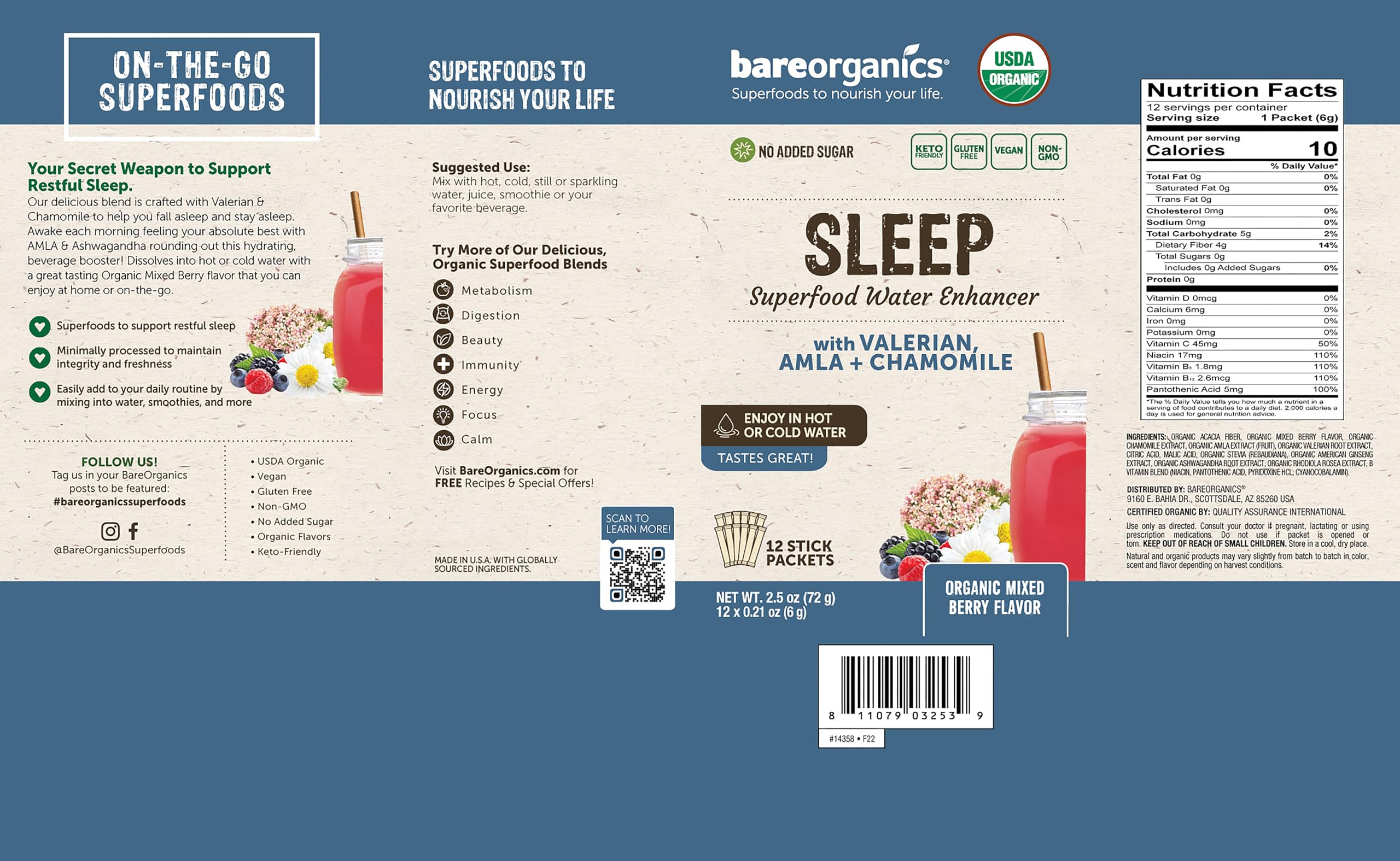 Foto 7 pulgar | Superalimento Para Dormir Para Llevar Bareorganics  Potenciador De Agua  12 X 12 - Venta Internacional.